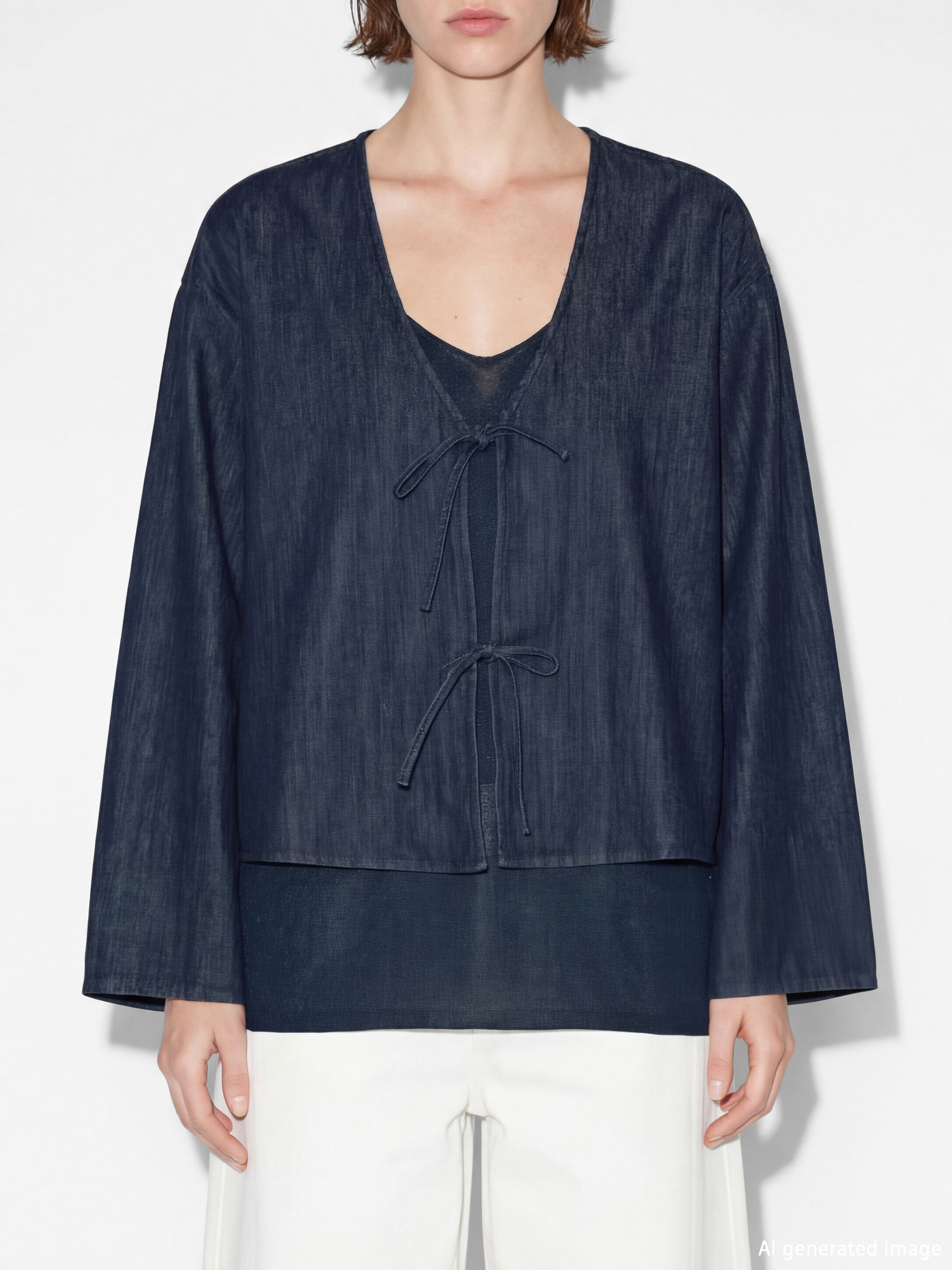 İndigo V Yaka Bağlama Detaylı Jean Bluz-2