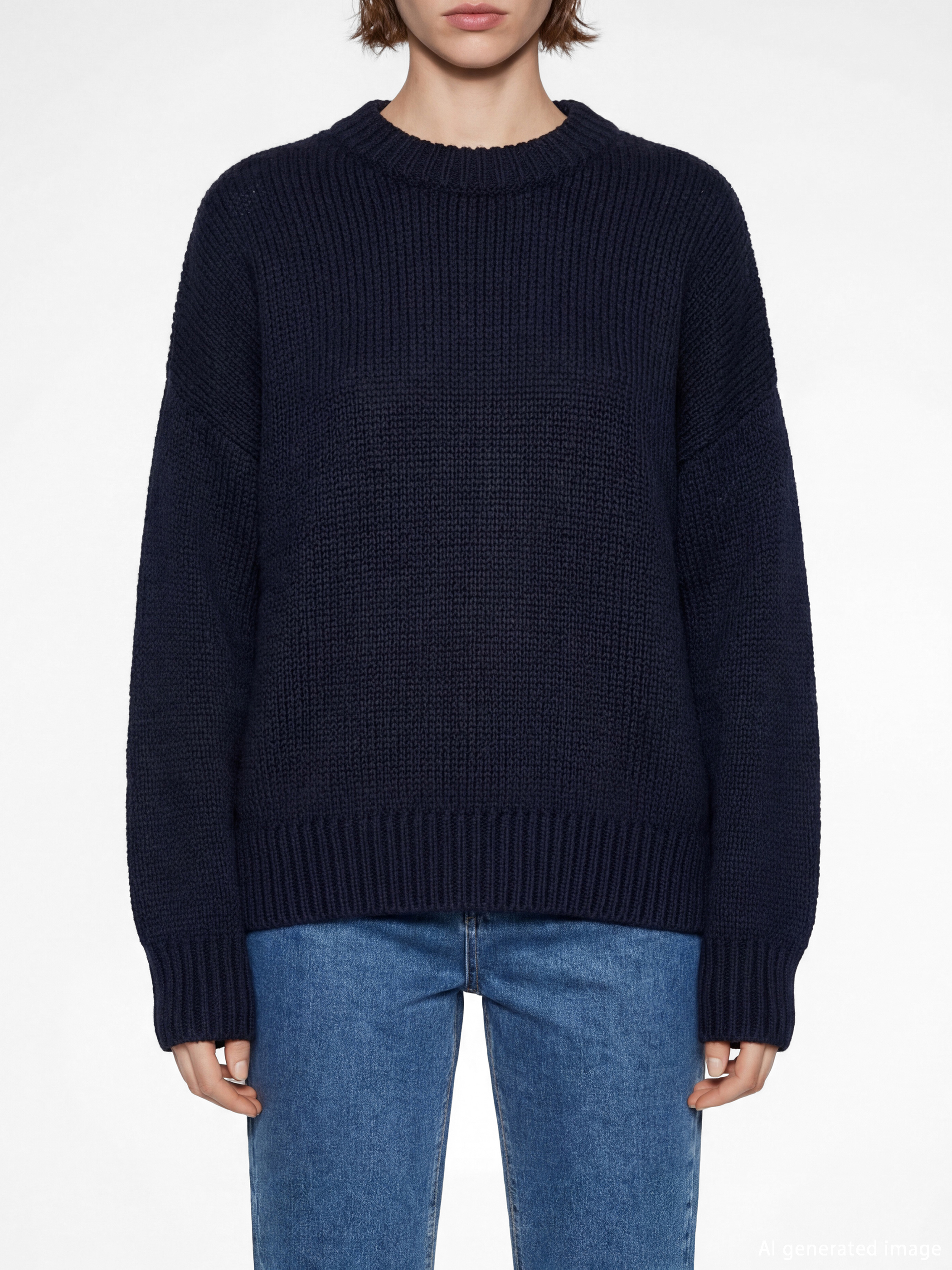 Lacivert Bisiklet Yaka Oversize Kadın Triko Kazak-2