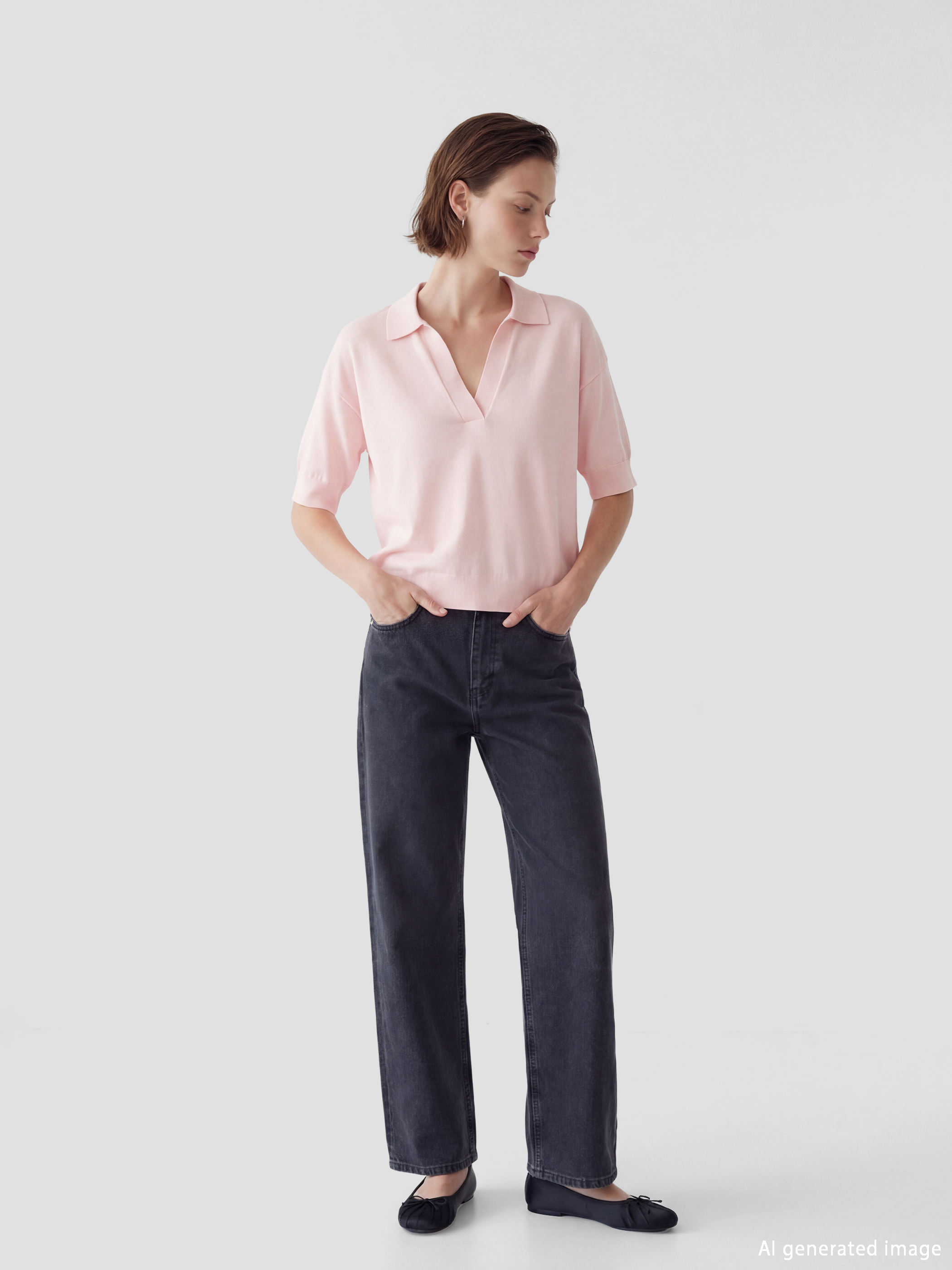 Pembe Polo Yaka Oversize Kadın Triko Kazak	-1