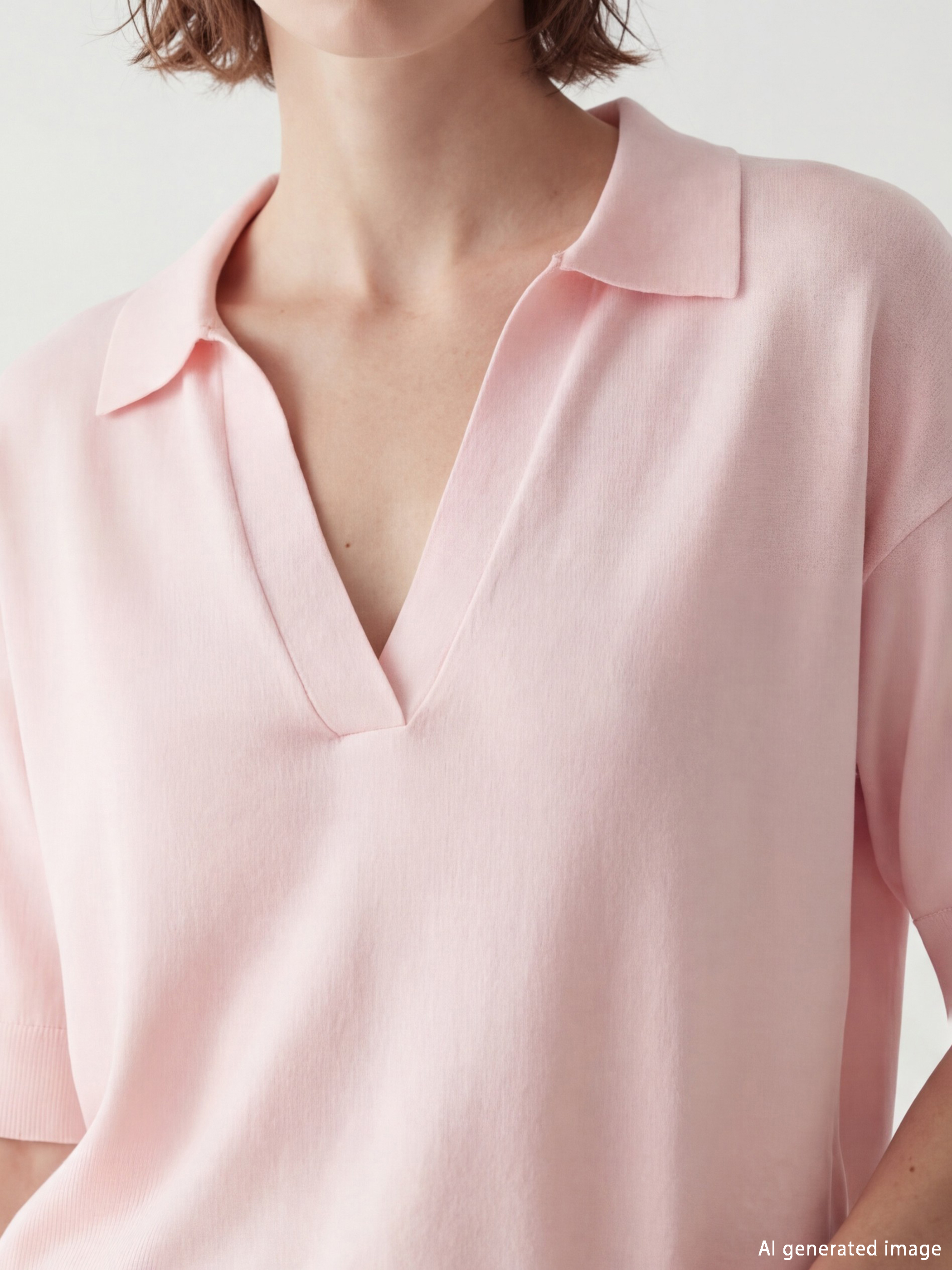 Pembe Polo Yaka Oversize Kadın Triko Kazak	-2