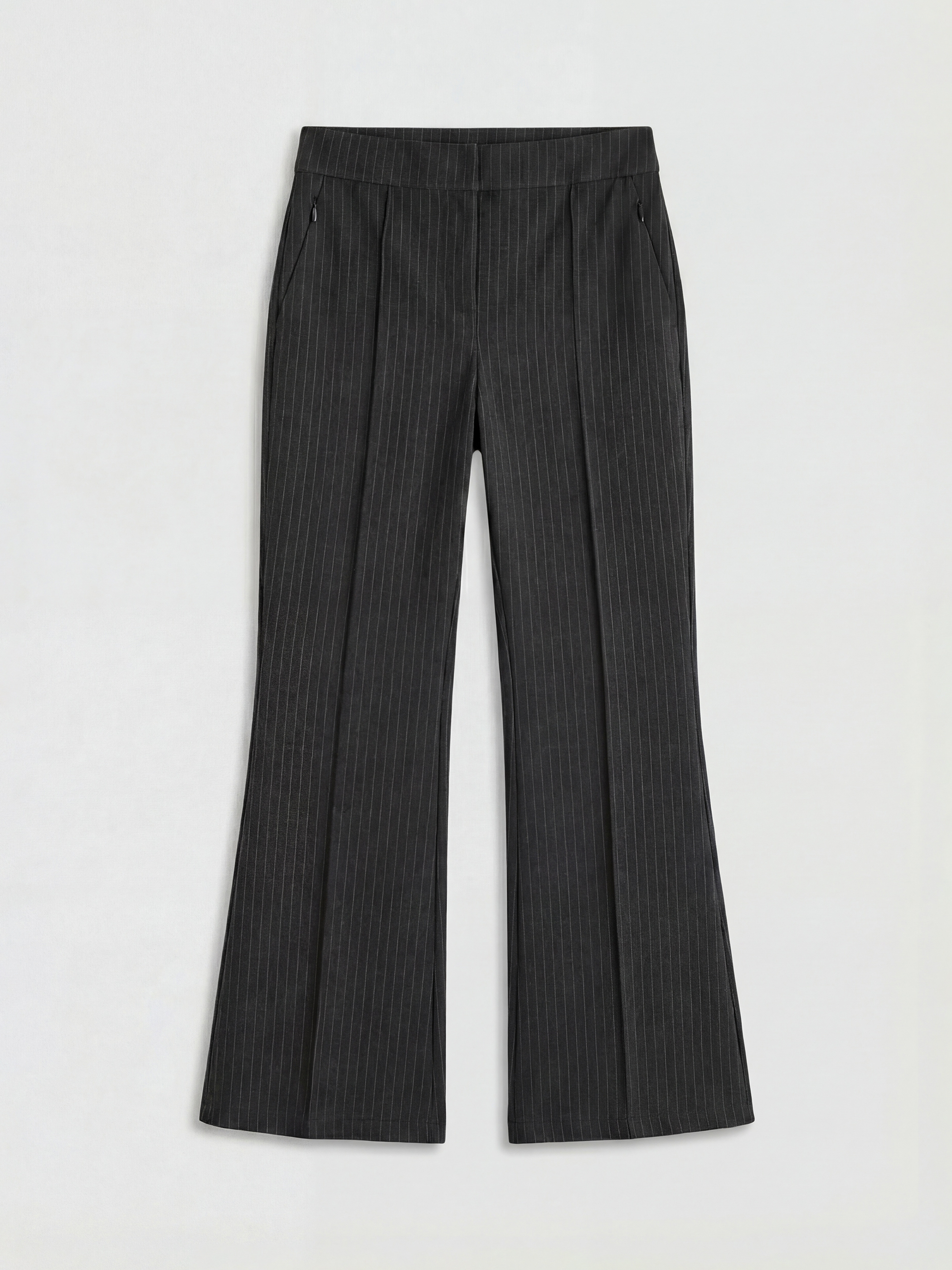 Gri Dar Fit Çizgili İspanyol Paça Kadın Pantolon-4