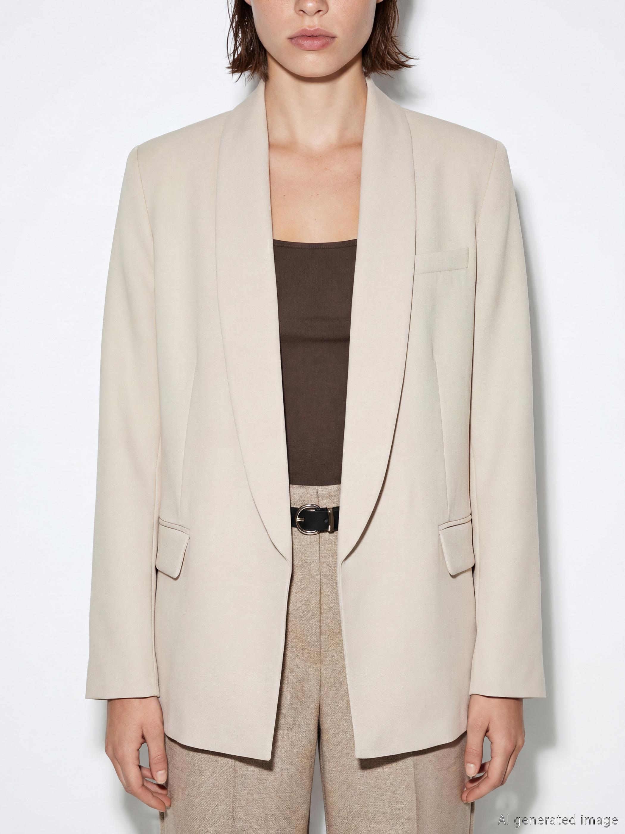 Bej Şal Yaka Krep Kadın Blazer Ceket-3