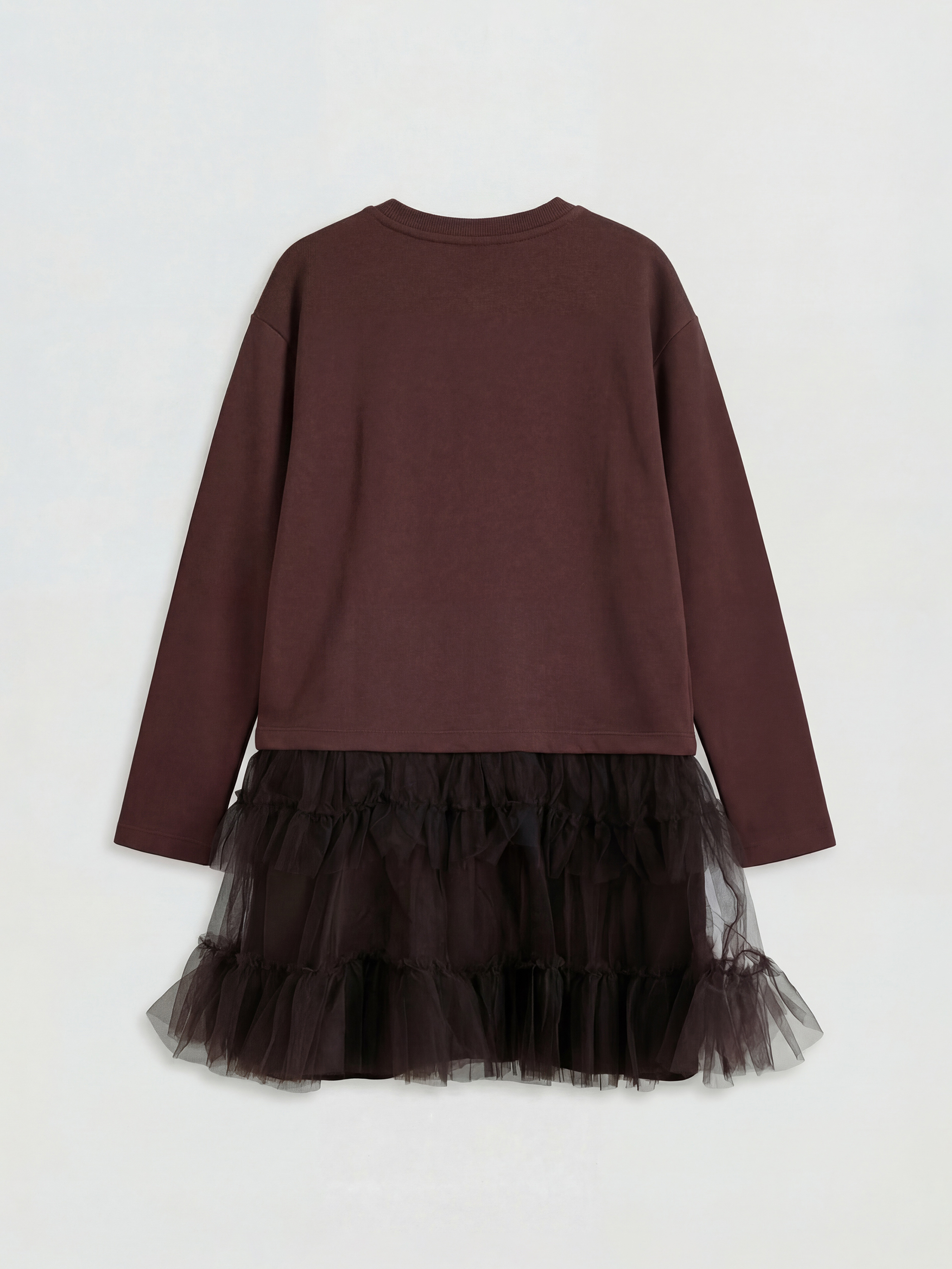 Kahverengi Bisiklet Yaka Fiyonk Taşlı Tüllü Kız Çocuk Elbise-1