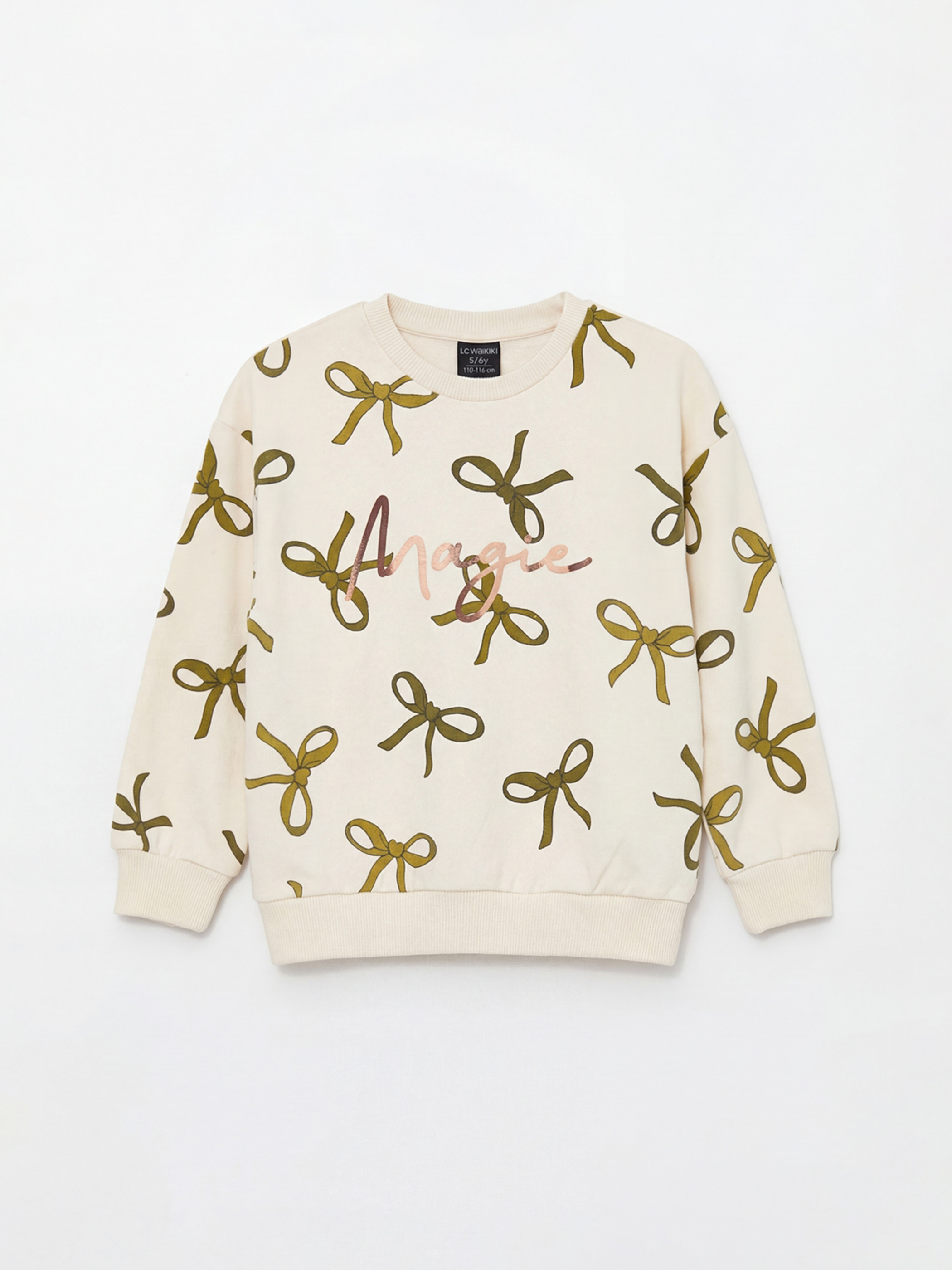 Ekru Fiyonk Desenli Kız Çocuk Sweatshirt ve Tayt Pantolon-1