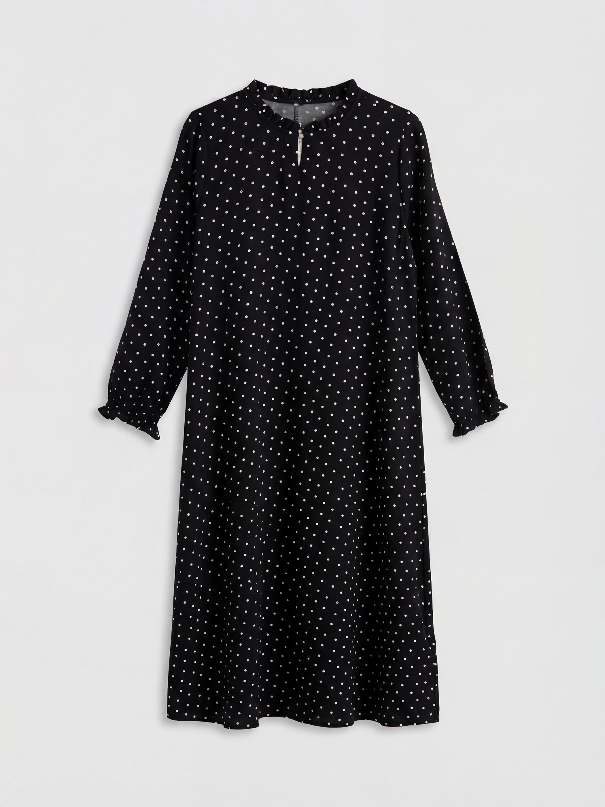 Siyah Fırfırlı Dik Yaka Taşlı A Kesim Elbise-3