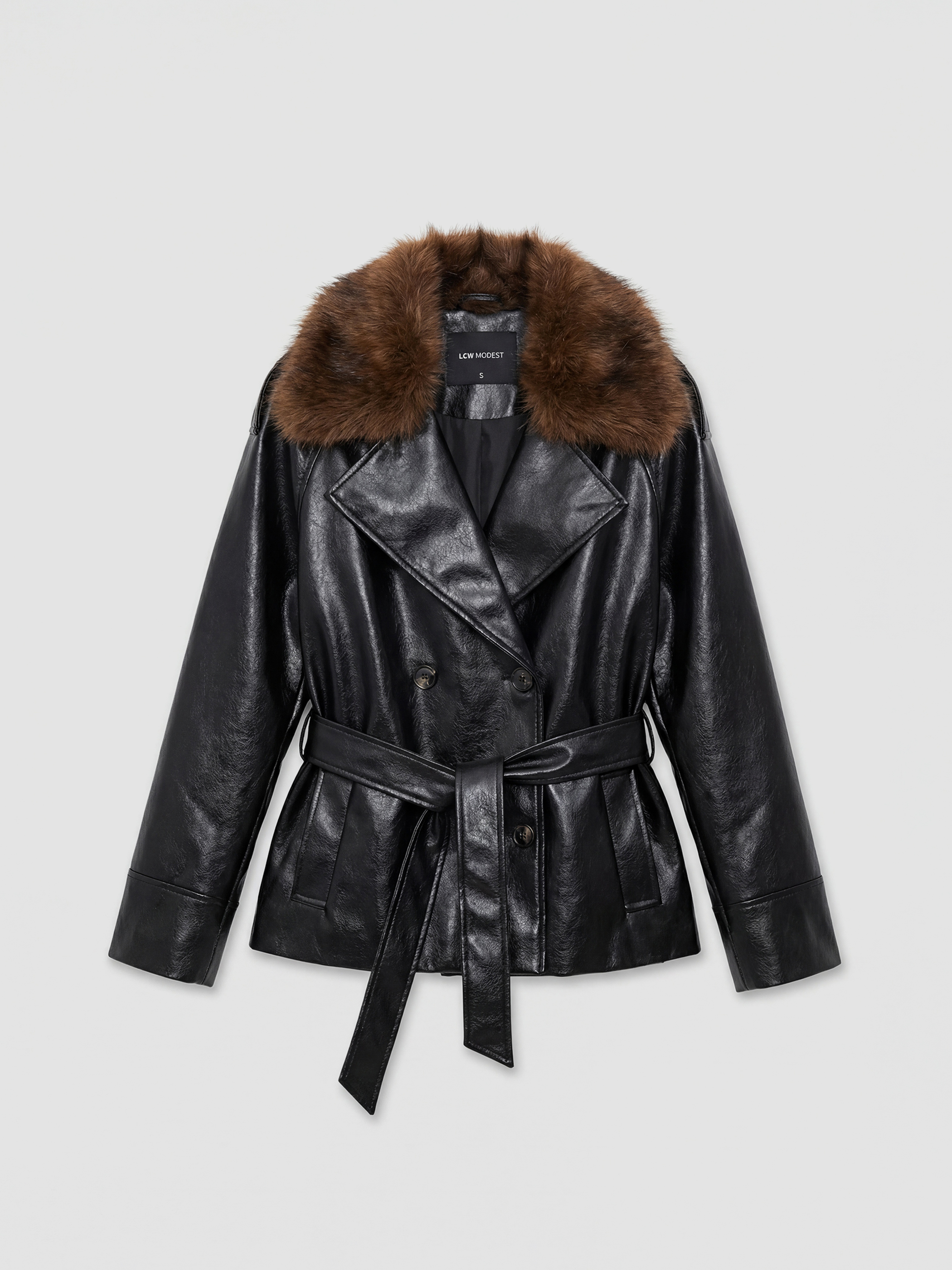 Siyah Kürk Yakalı Kadın Deri Görünümlü Ceket-4