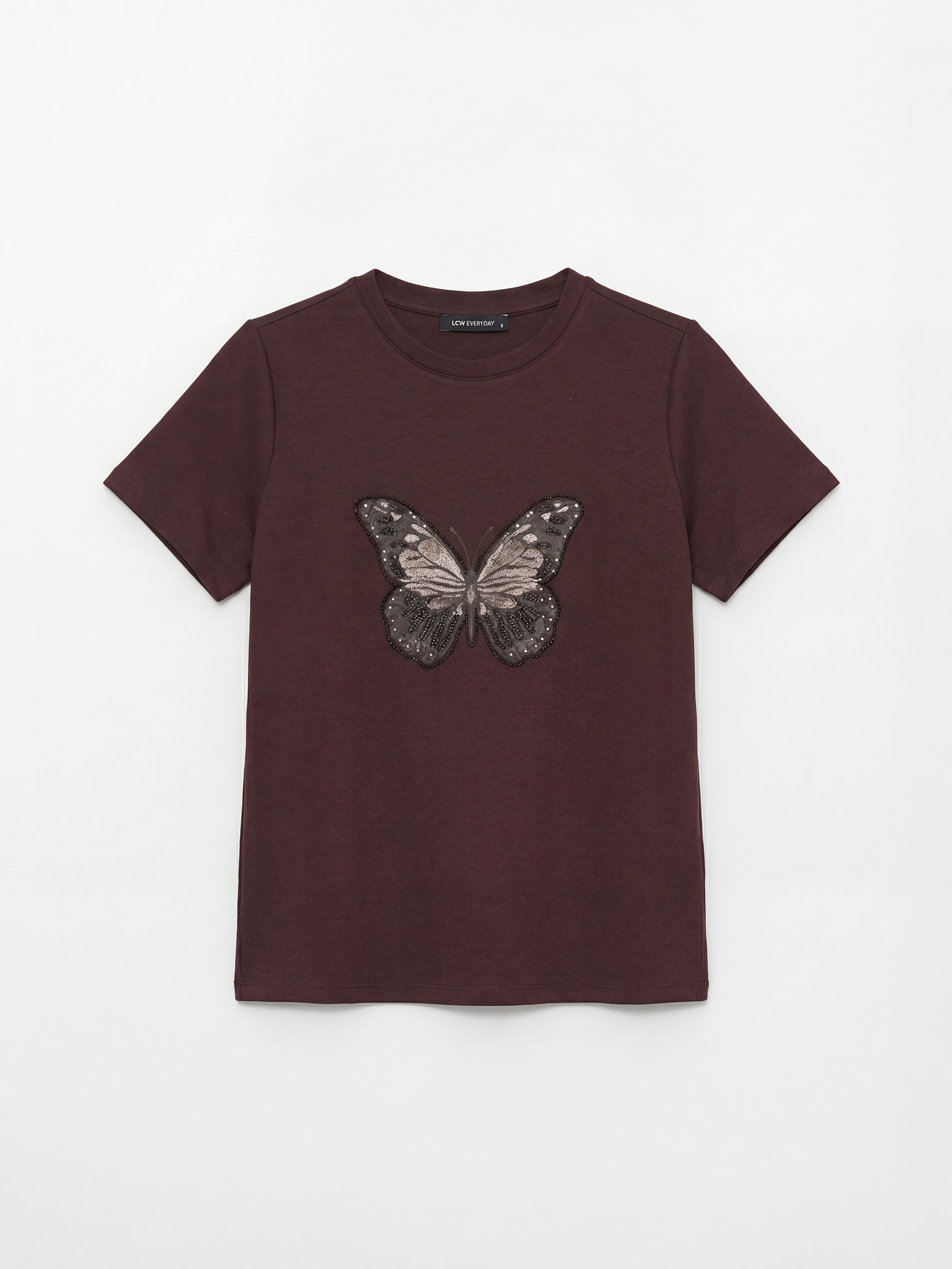 Kahverengi Bisiklet Yaka Kelebek İşlemeli Kadın Tişört-4