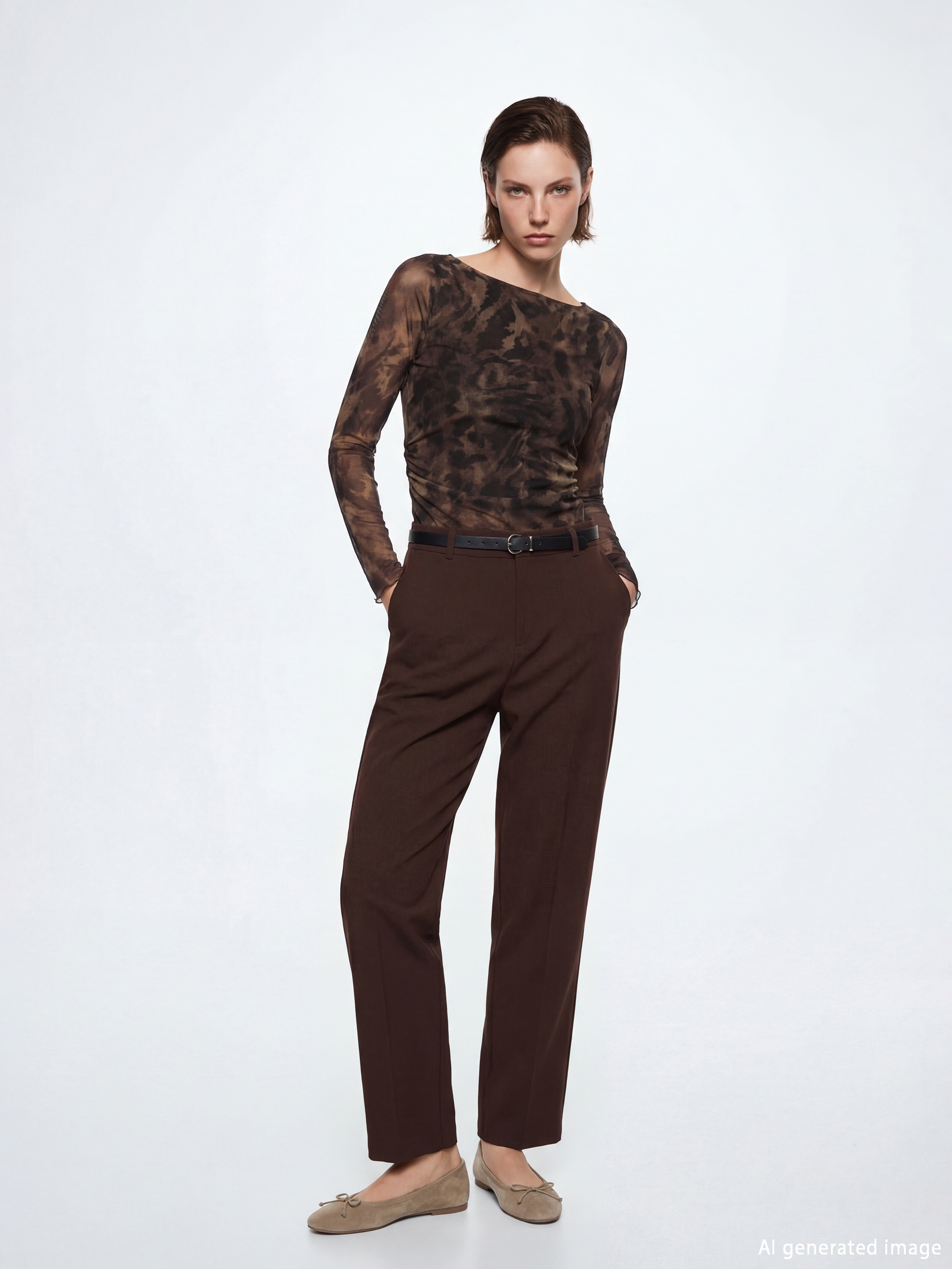 Kahverengi Kayık Yaka Leopar Desenli Büzgülü Bluz-1