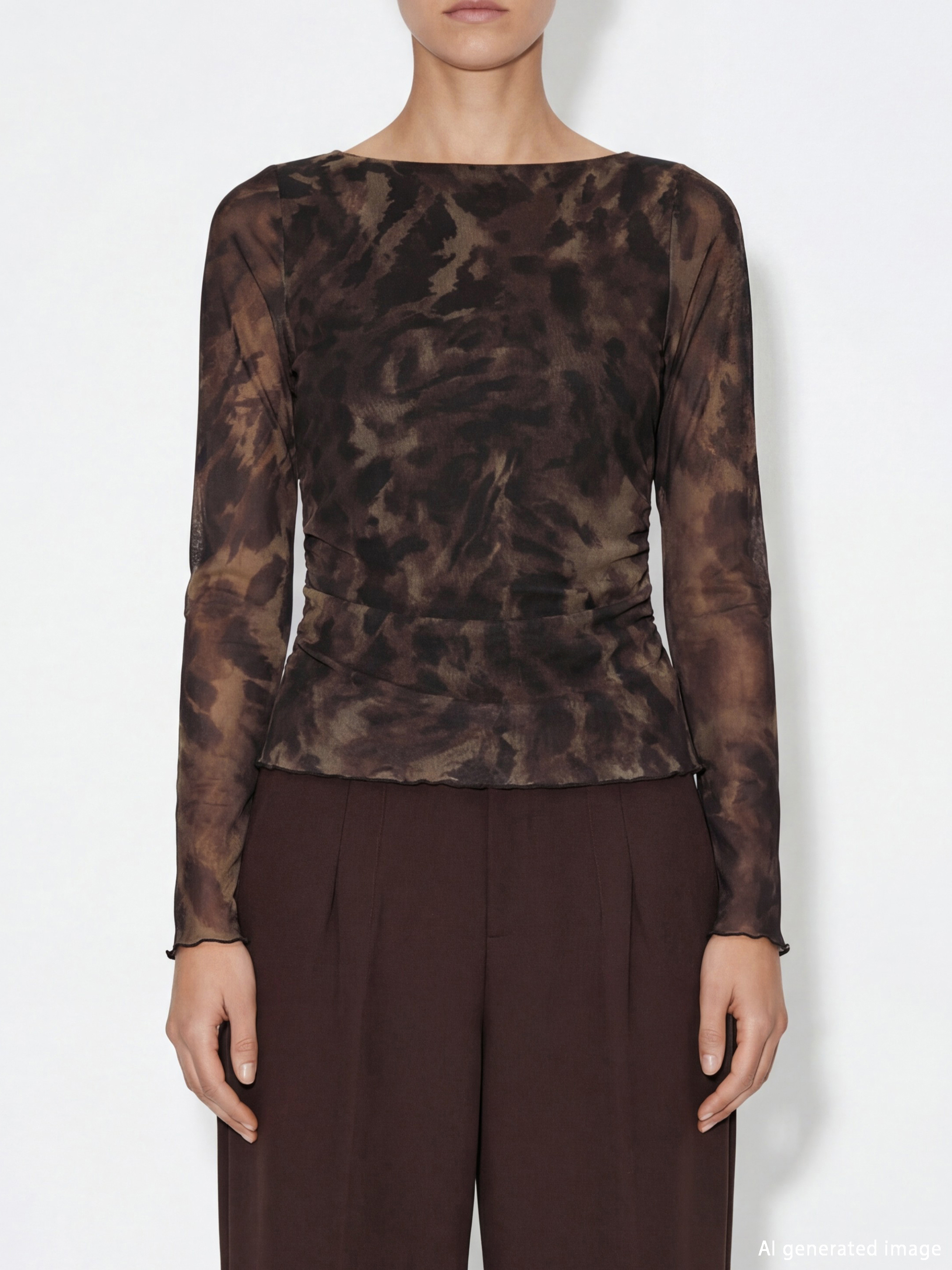 Kahverengi Kayık Yaka Leopar Desenli Büzgülü Bluz-2