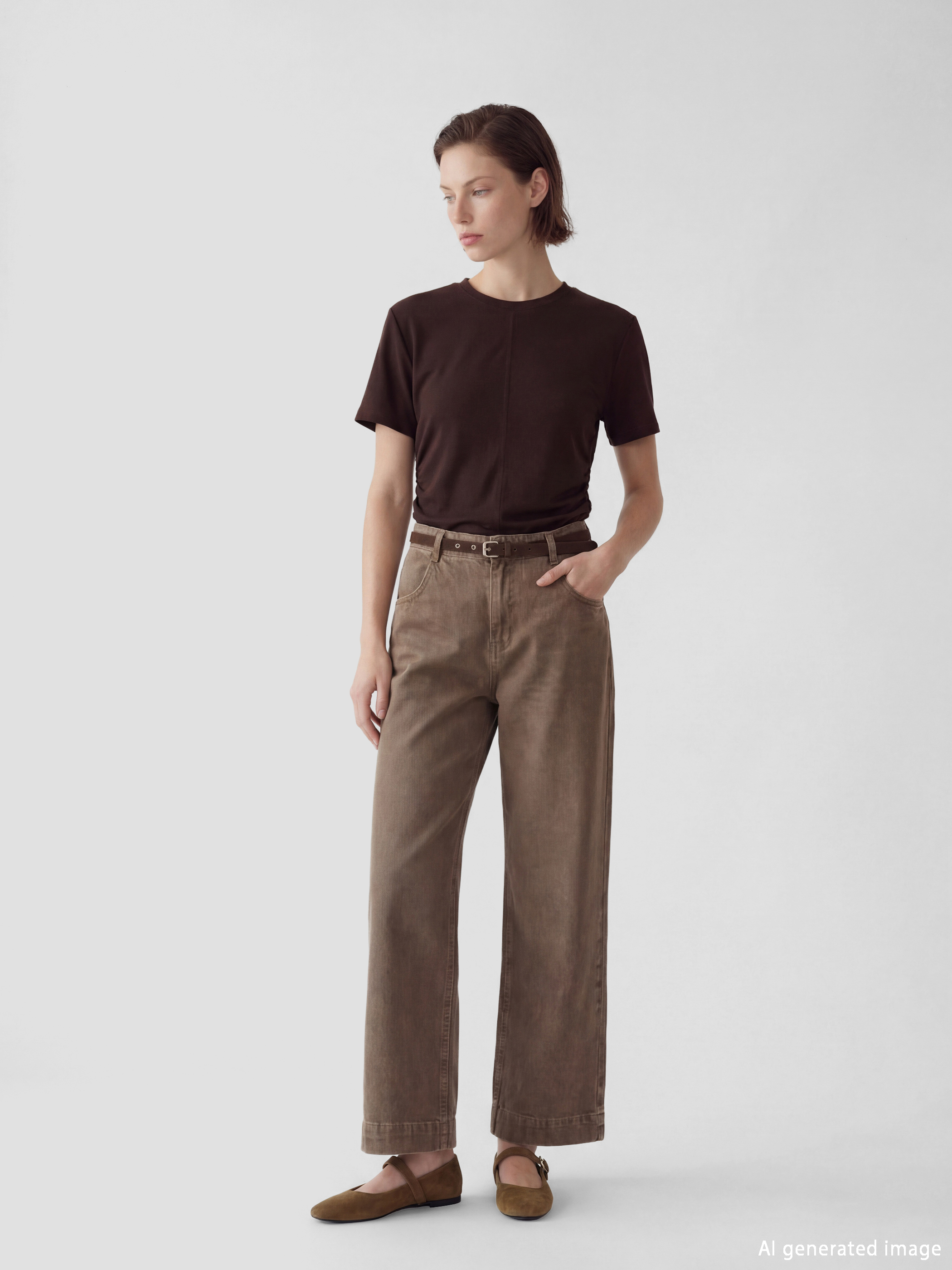 Kahverengi Bisiklet Yaka Büzgülü Kadın Tişört-1