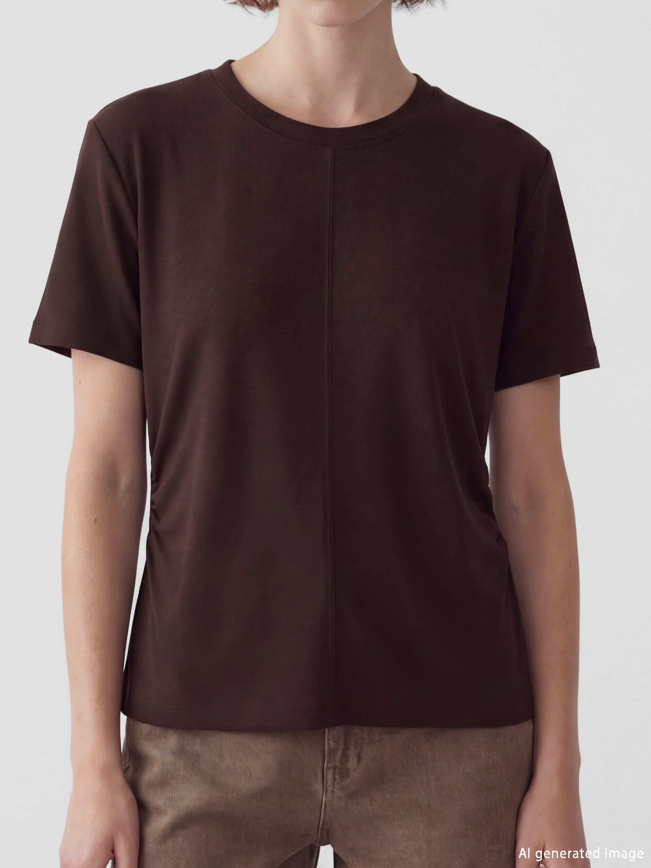 Kahverengi Bisiklet Yaka Büzgülü Kadın Tişört-2