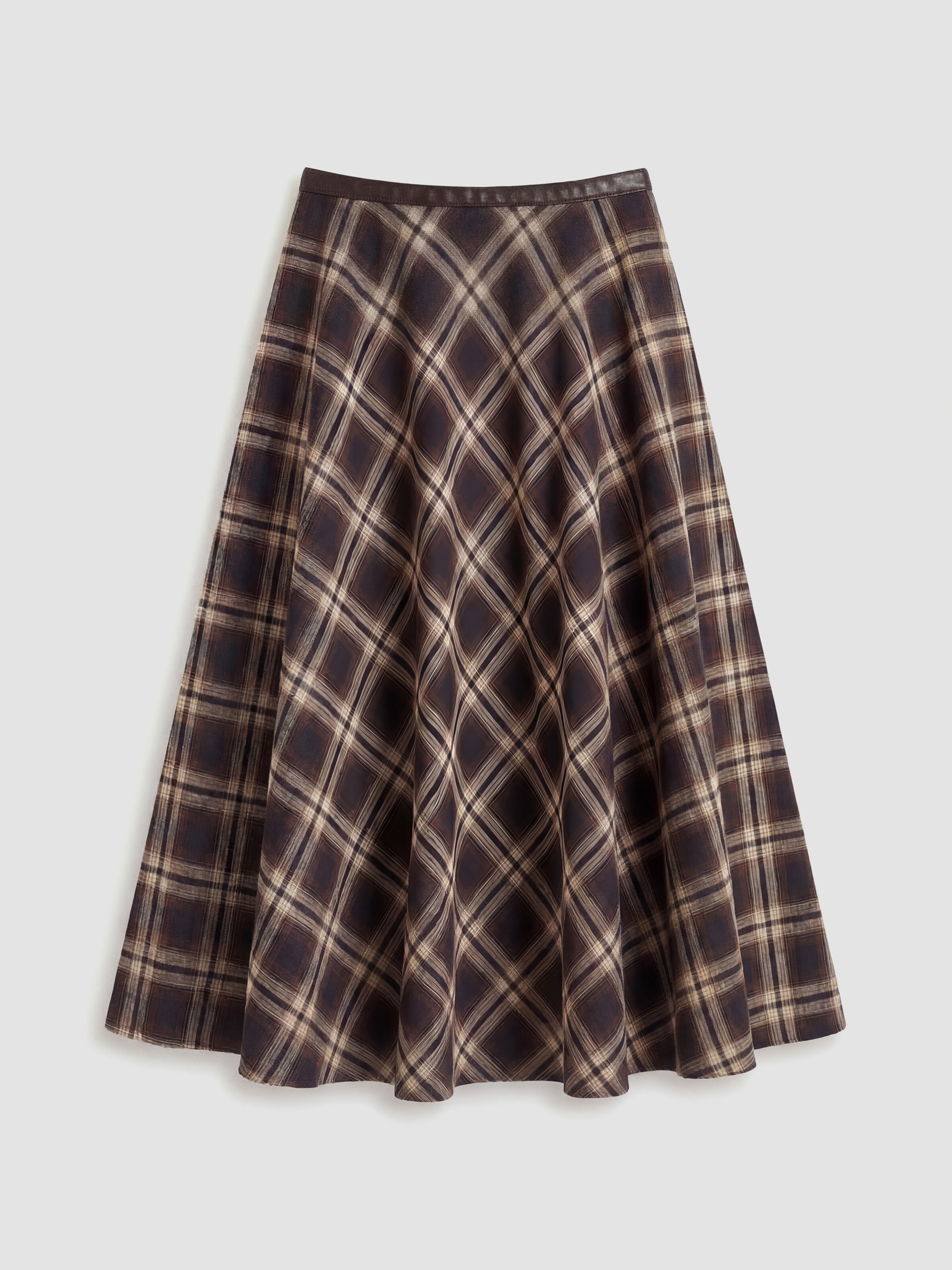 Kahverengi Beli Fermuarlı Ekose Kloş Etek-1