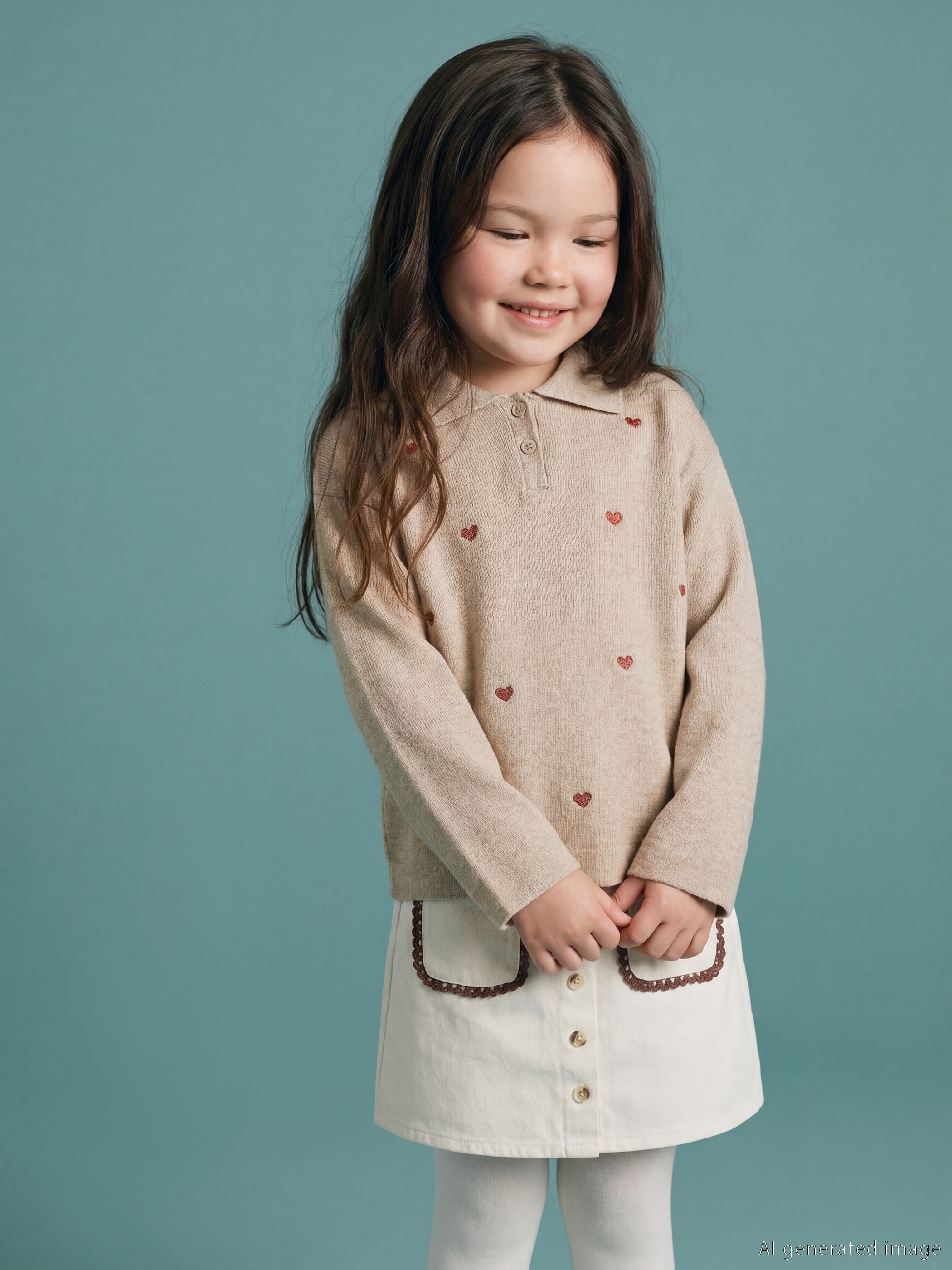 LCW Kids Polo Yaka Kalp Nakışlı Kız Çocuk Triko Kazak - S6O779Z1-E0B