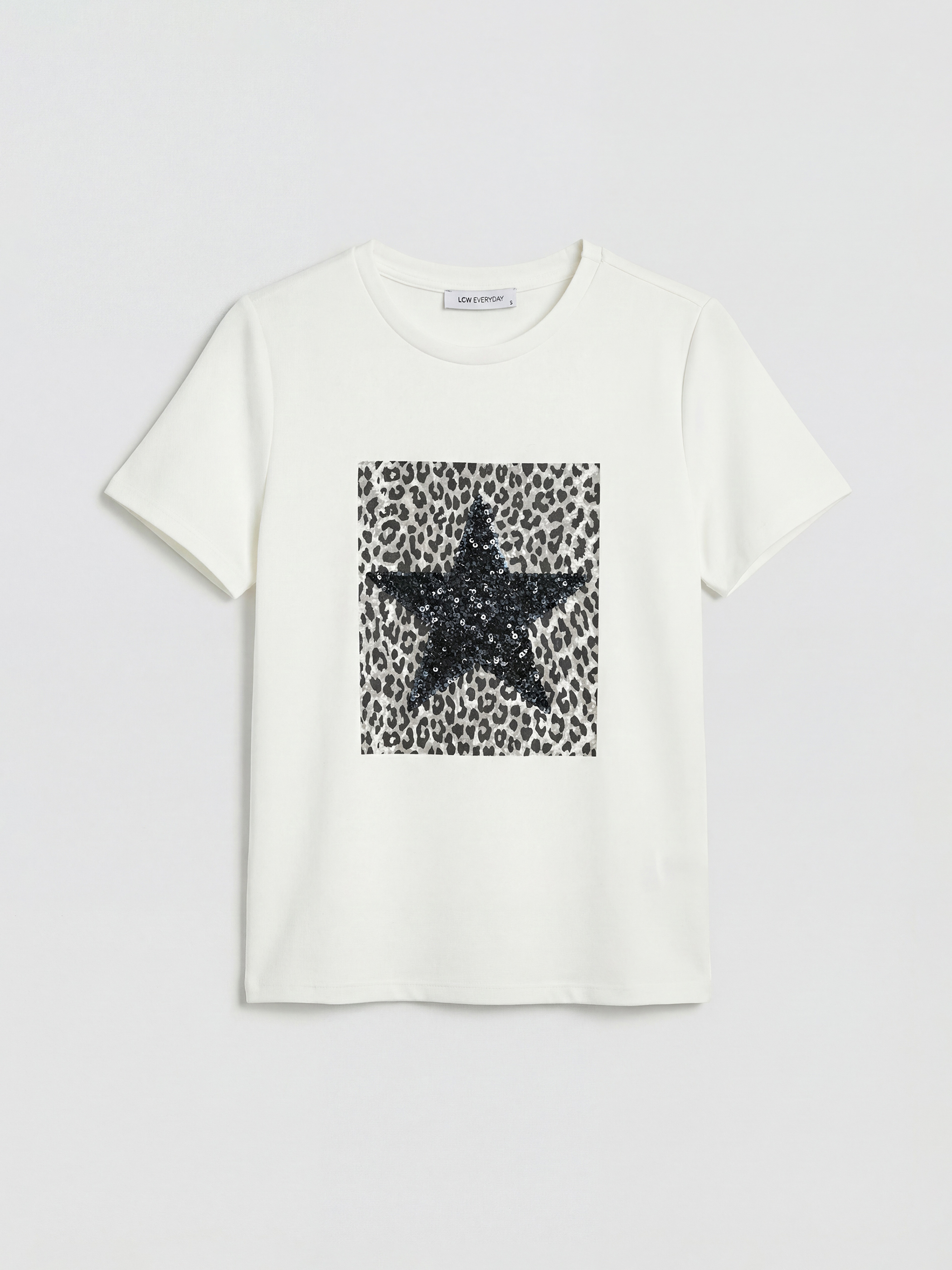 Ekru Bisiklet Yaka Payetli Kadın Tişört-4