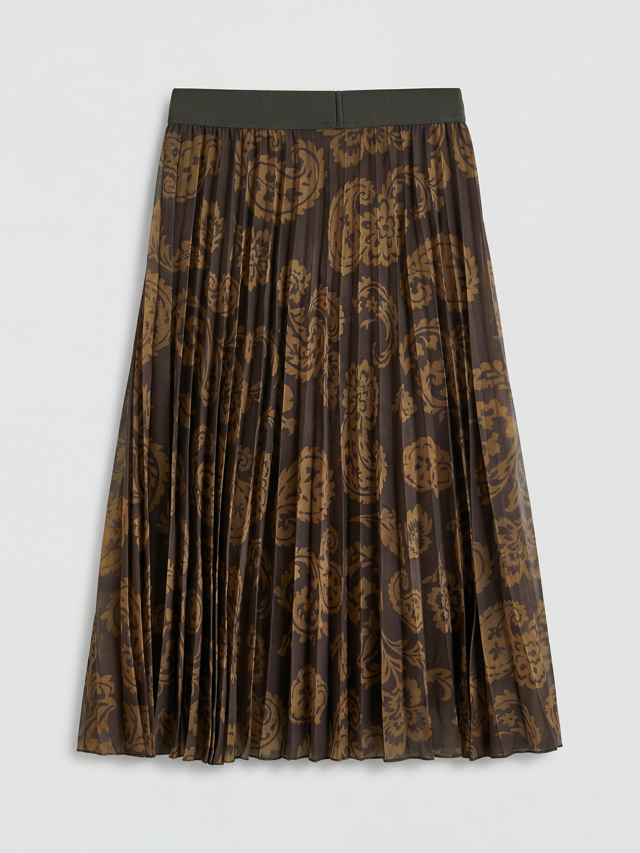 Yeşil Beli Lastikli Desenli Pileli Şifon Etek-1