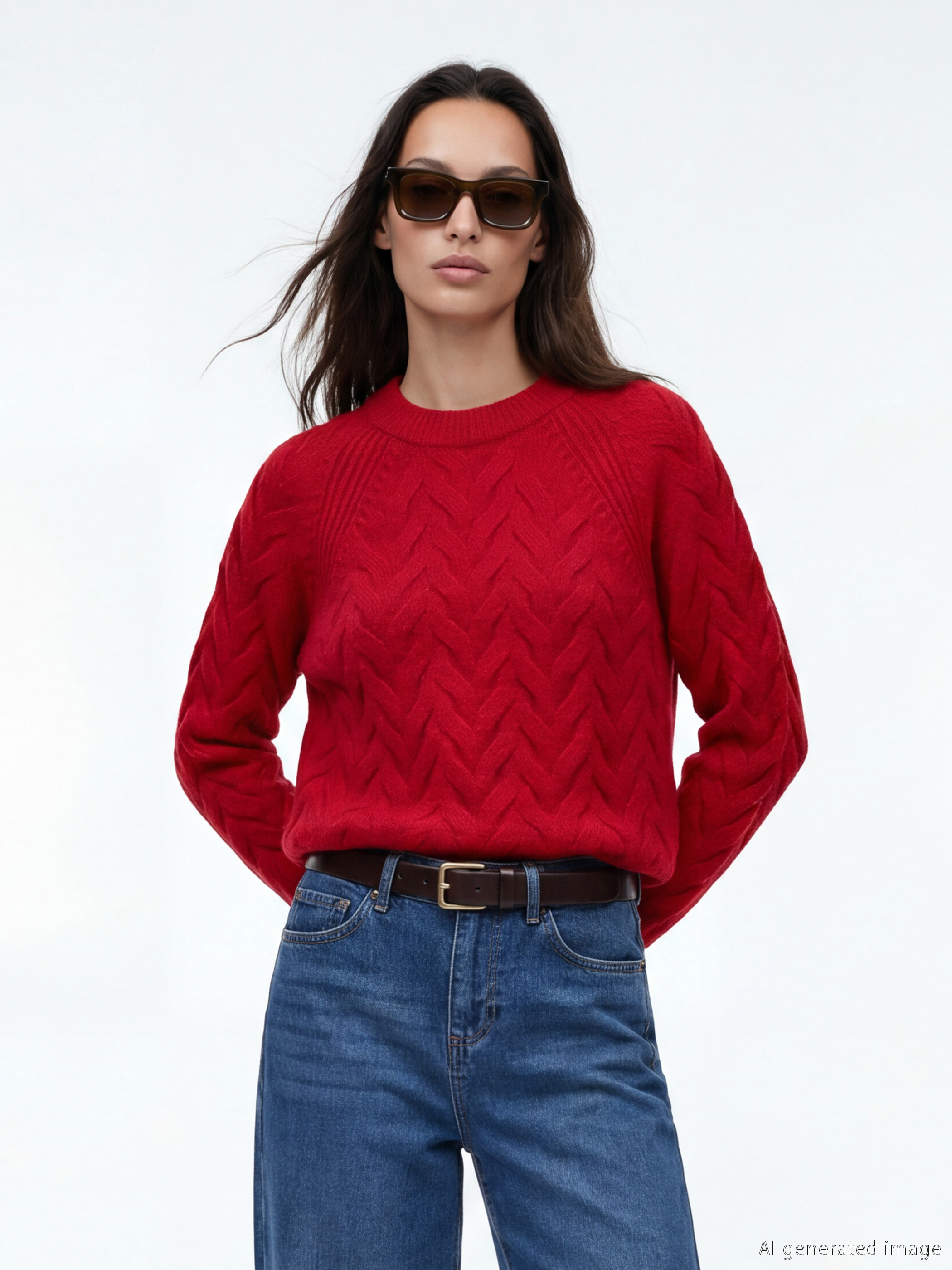 Kırmızı Bisiklet Yaka Kendinden Desenli Kadın Triko Kazak-1