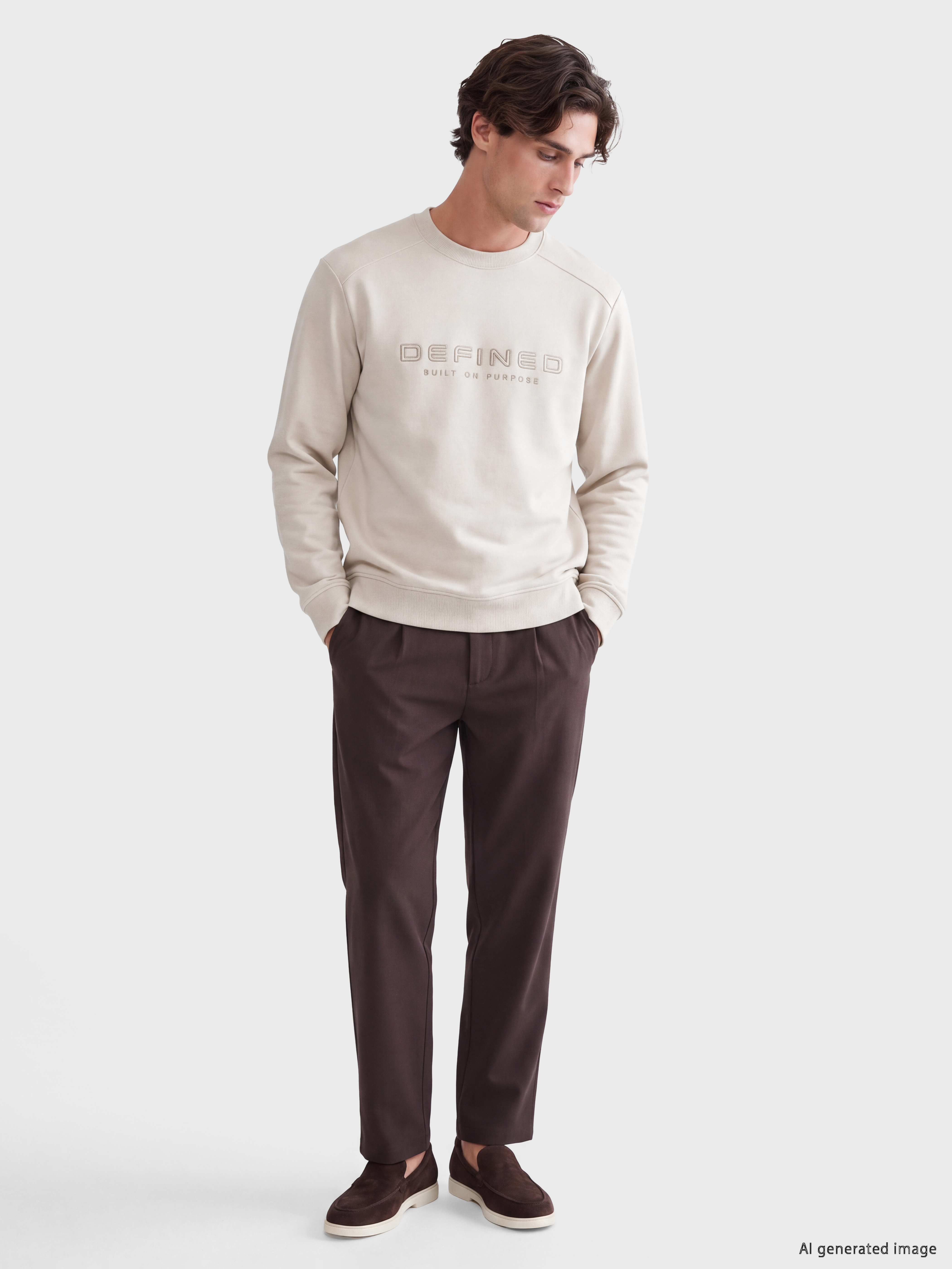 Bej Bisiklet Yaka Baskılı Erkek Sweatshirt-1