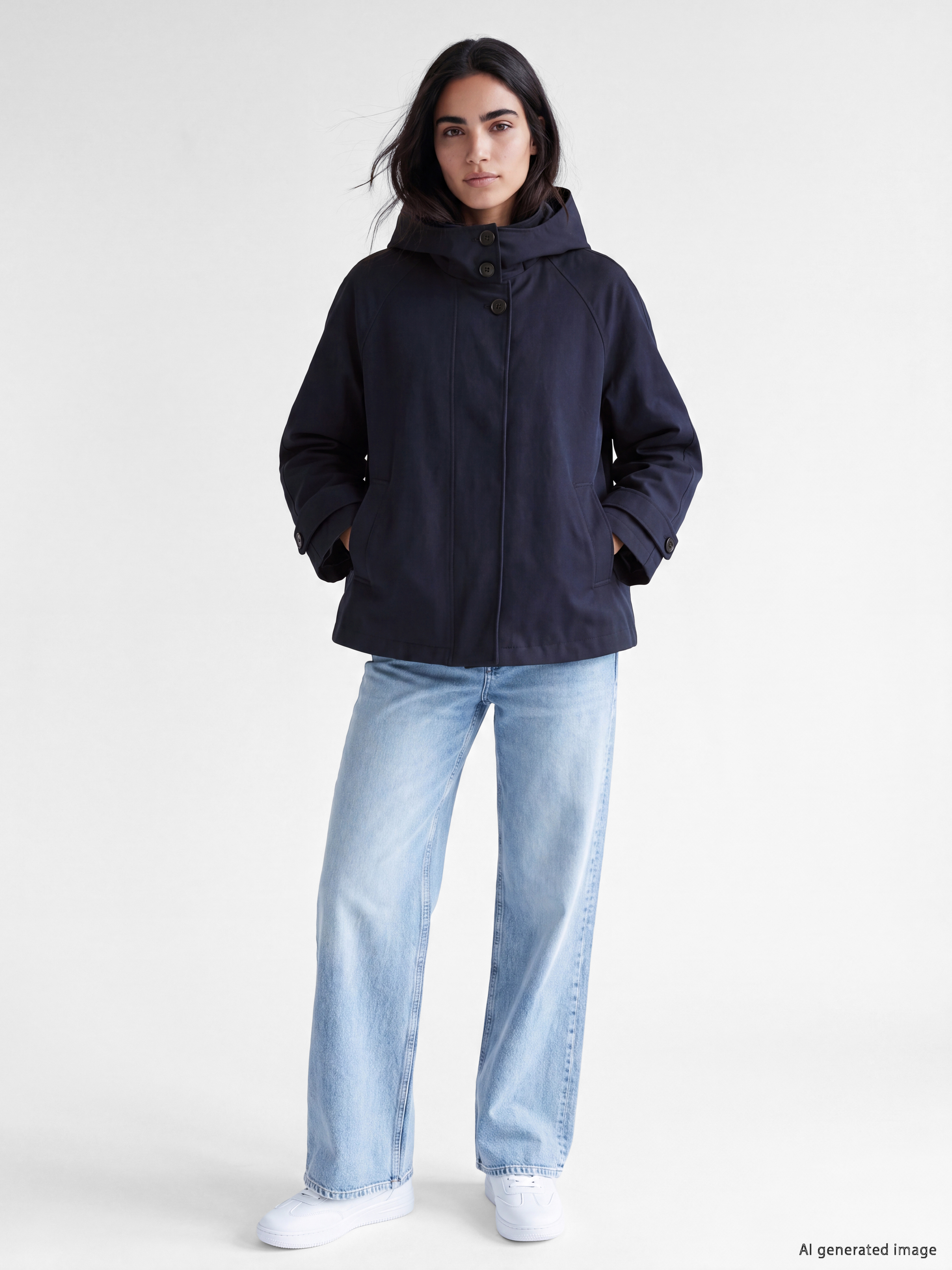 Lacivert Kapüşonlu Oversize Kadın Ceket-1