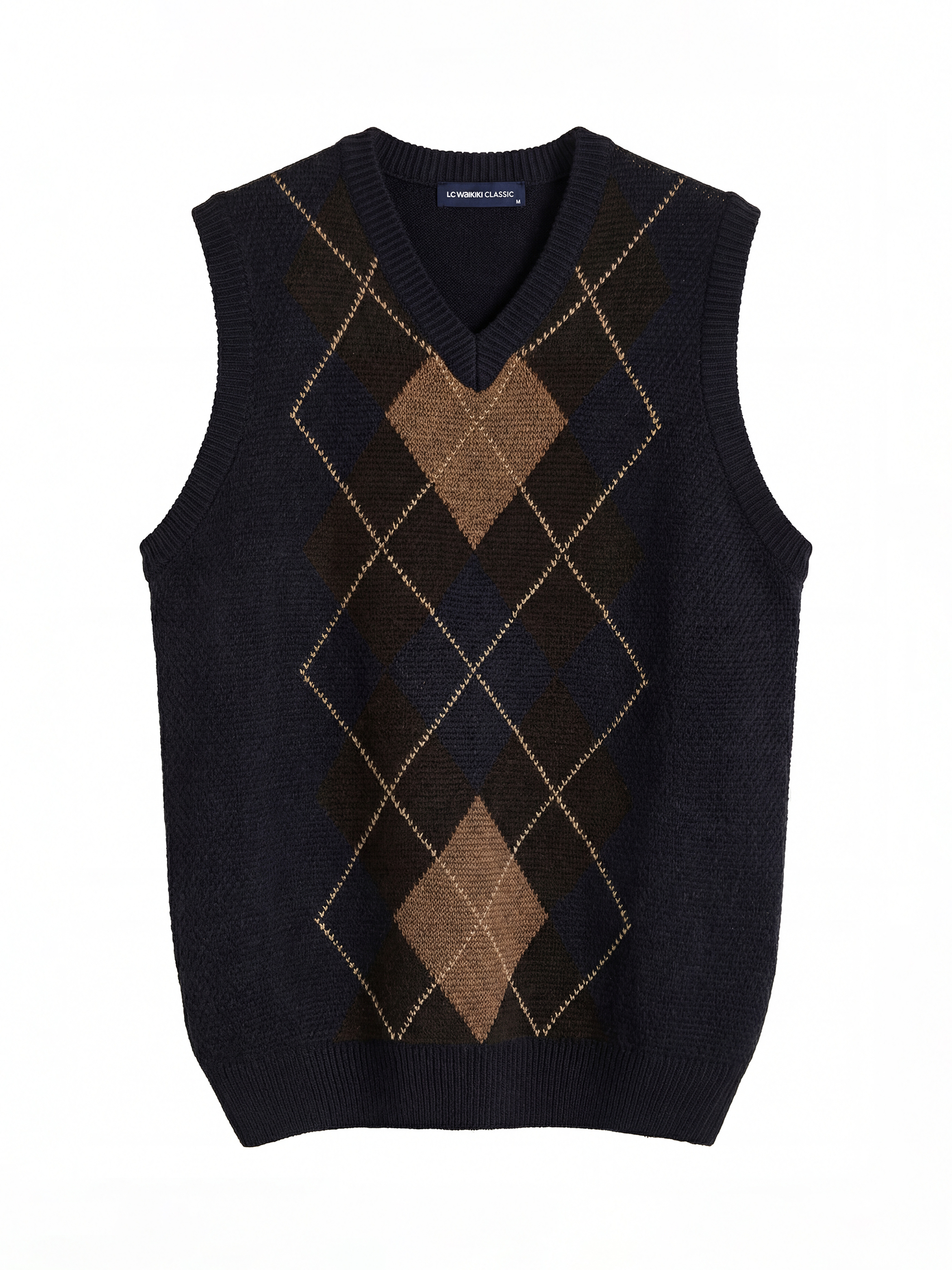 Lacivert V Yaka Baklava Desenli Erkek Triko Kazak-4