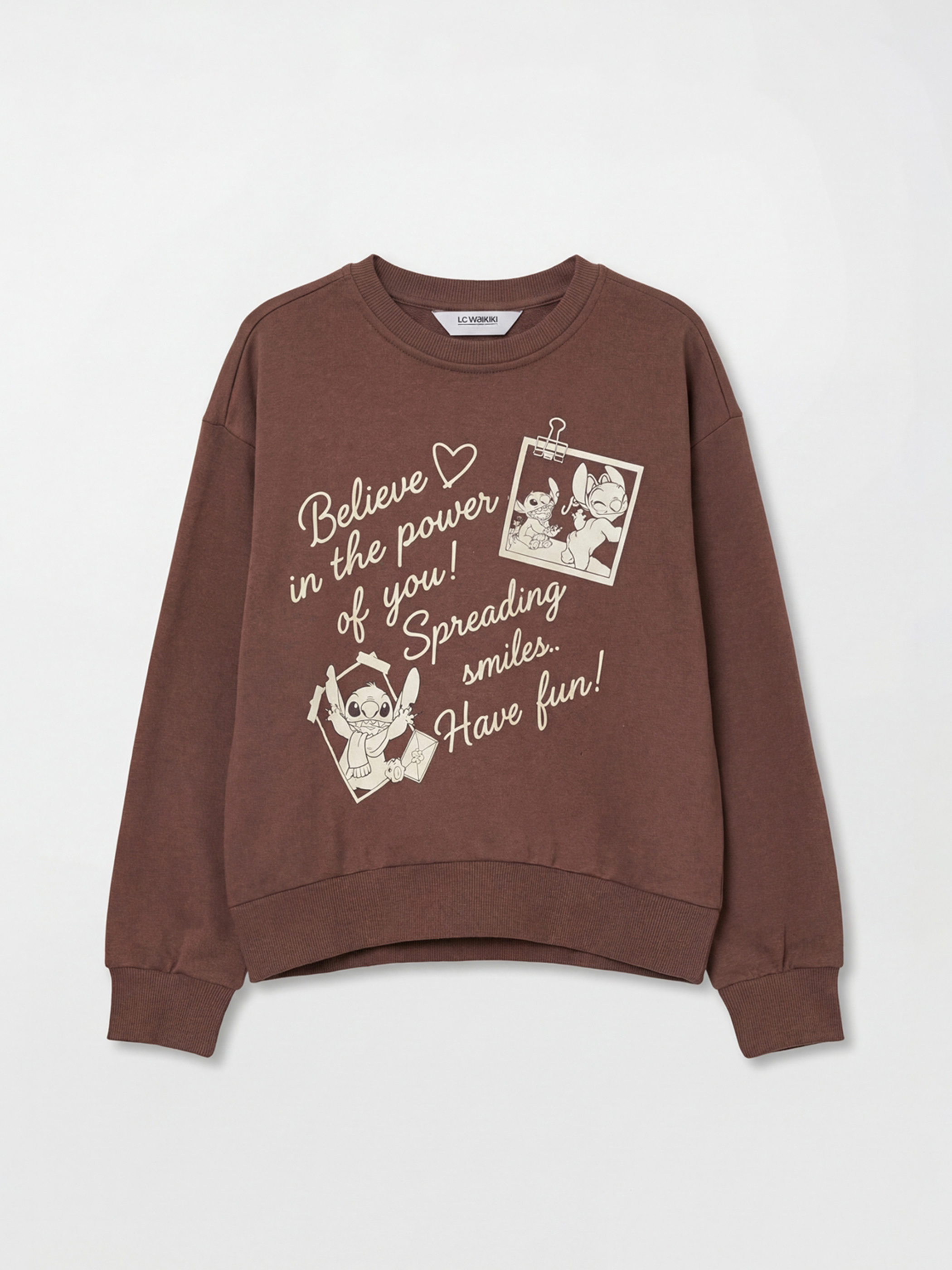 Kahverengi Lilo ve Stitch Baskılı Kız Çocuk Sweatshirt ve Eşofman Altı-1