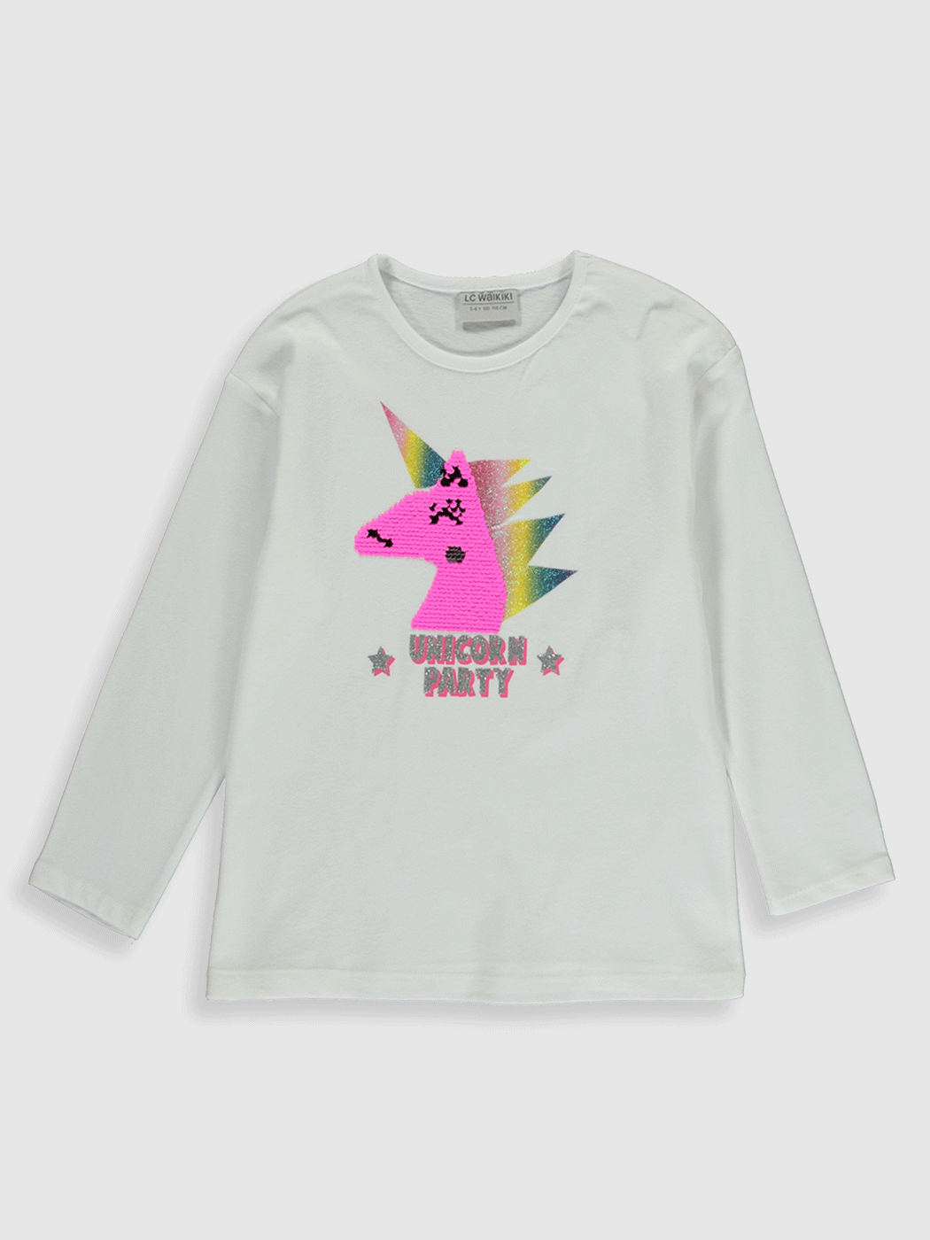 Beyaz Kız Çocuk Çift Yönlü Payetli Pamuklu Tişört