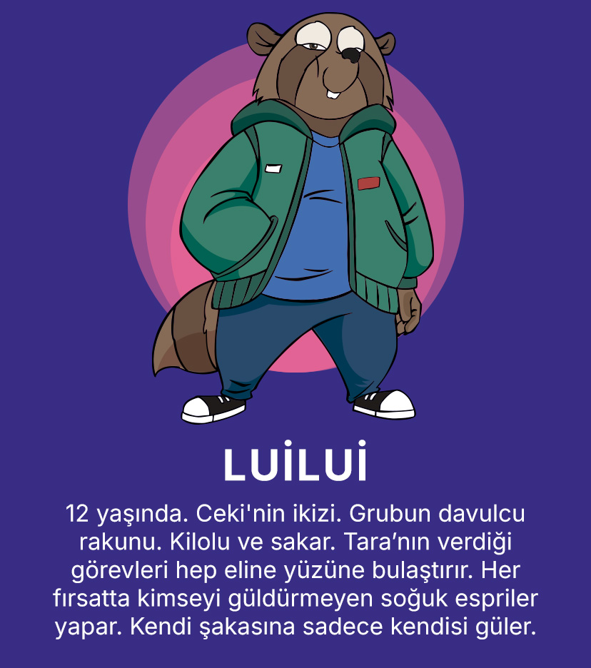 LUİLUİ
                    12 yaşında. Ceki'nin ikizi. Grubun davulcu rakunu. Kilolu ve sakar. Tara’nın verdiği görevleri hep eline yüzüne bulaştırır. Her fırsatta kimseyi güldürmeyen soğuk espriler yapar. Kendi şakasına sadece kendisi güler.