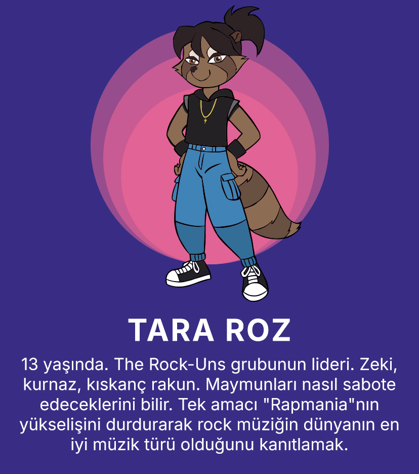 TARA ROZ
                    13 yaşında. The Rock-Uns grubunun lideri. Zeki, kurnaz, kıskanç rakun. Maymunları nasıl sabote edeceklerini bilir. Tek amacı; Rapmania'nın yükselişini durdurarak rock müziğin dünyanın en iyi müzik türü olduğunu kanıtlamak. 