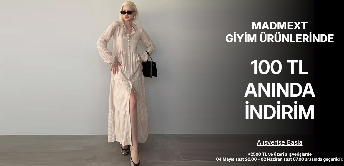 Madmext Kadın ve Erkek Giyim Ürünlerinde  1000 TL ve Üzerine 100 TL İNDİRİM