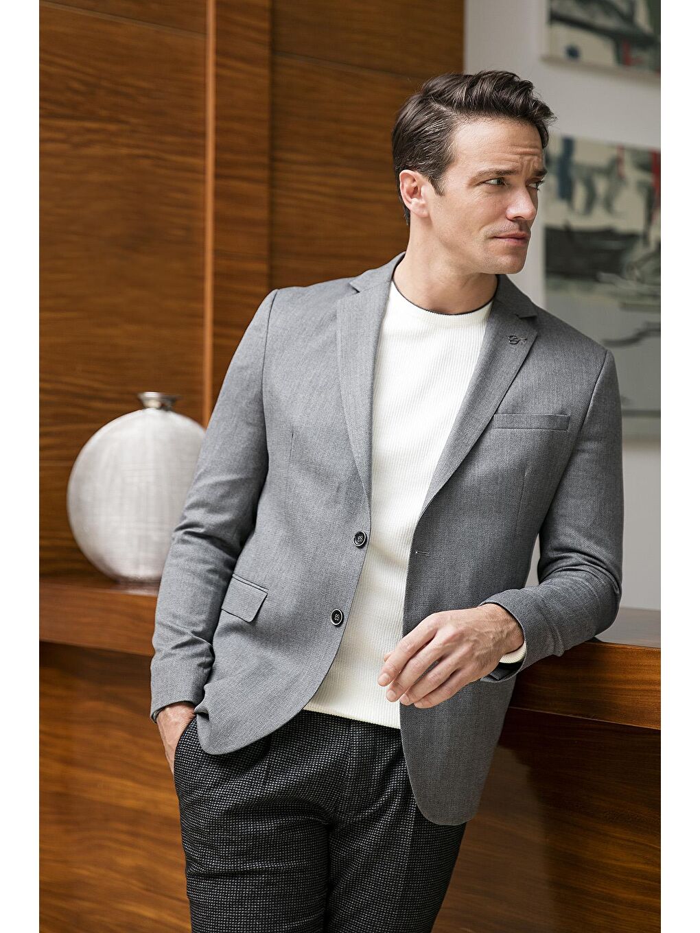 Gri Slim Fit 6 Drop Çift Yırtmaçlı Blazer Erkek Ceket 216SERARDO