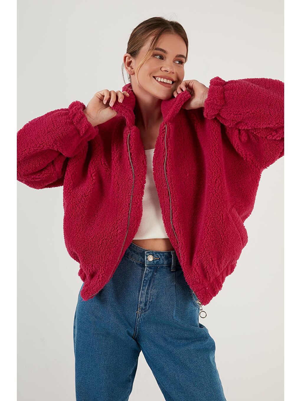Fuşya Oversize Fermuarlı Yumuşak Tüylü Kürk Mont 42190017