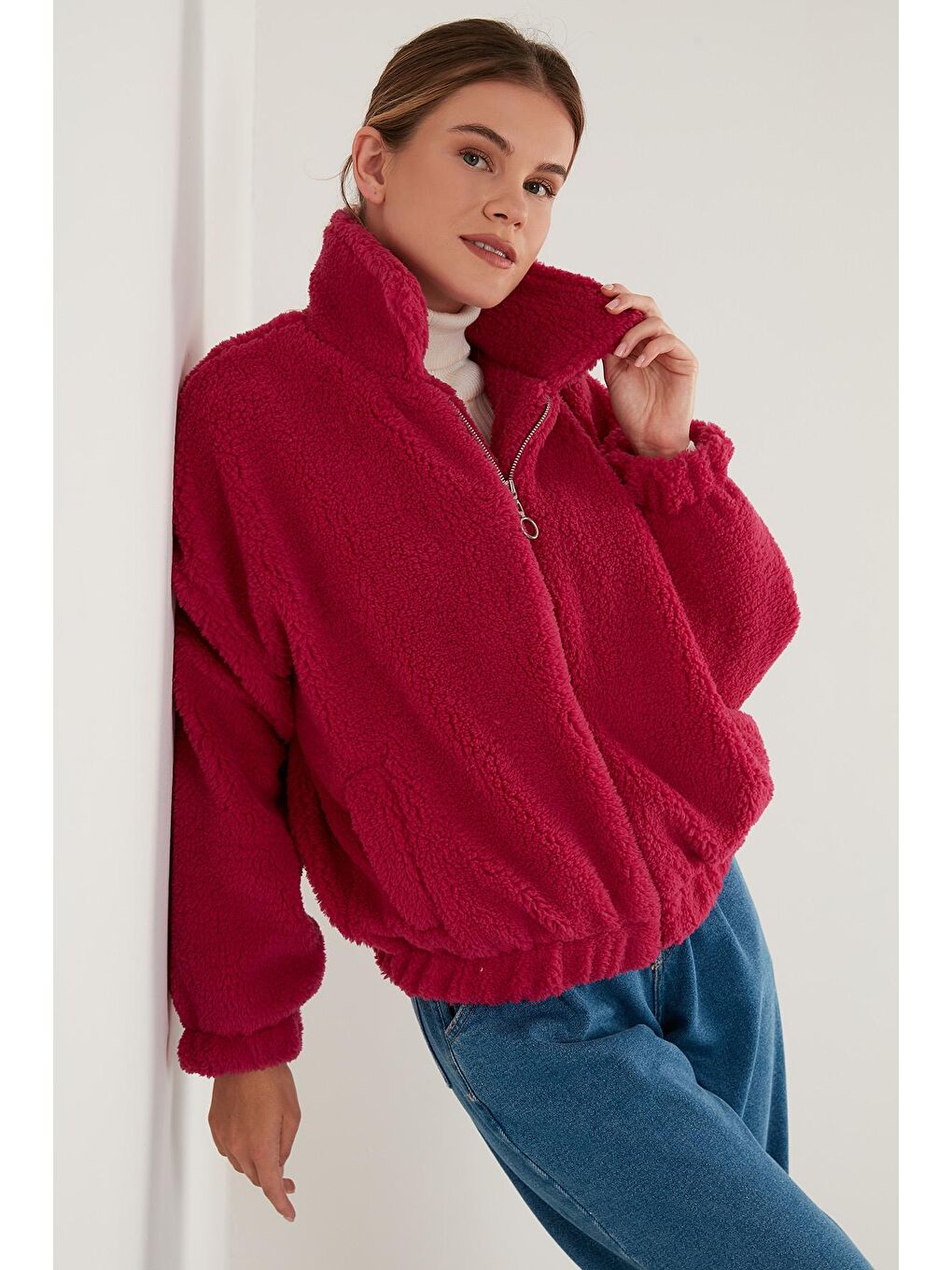 Fuşya Oversize Fermuarlı Yumuşak Tüylü Kürk Mont 42190017-1