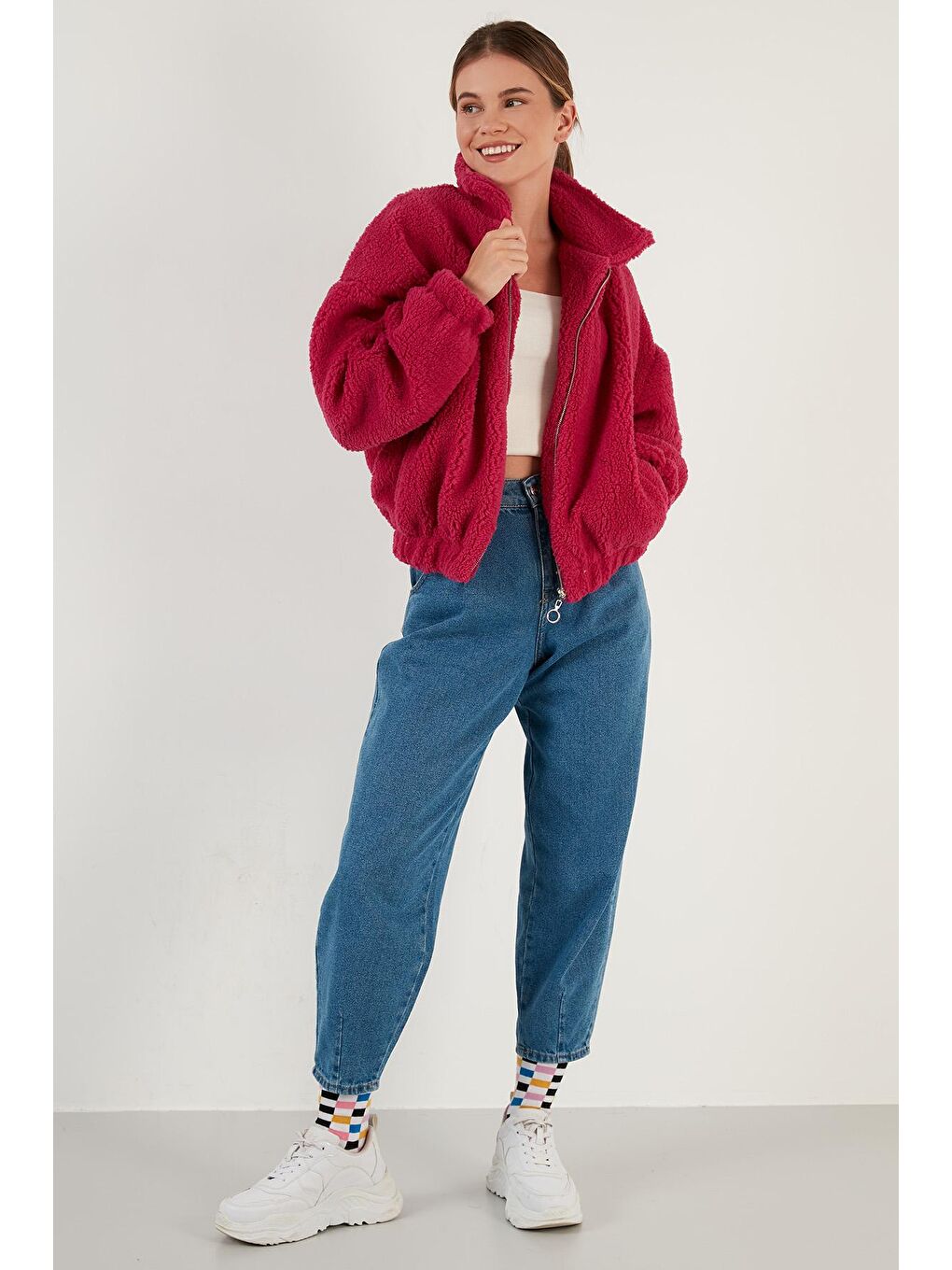 Fuşya Oversize Fermuarlı Yumuşak Tüylü Kürk Mont 42190017-2