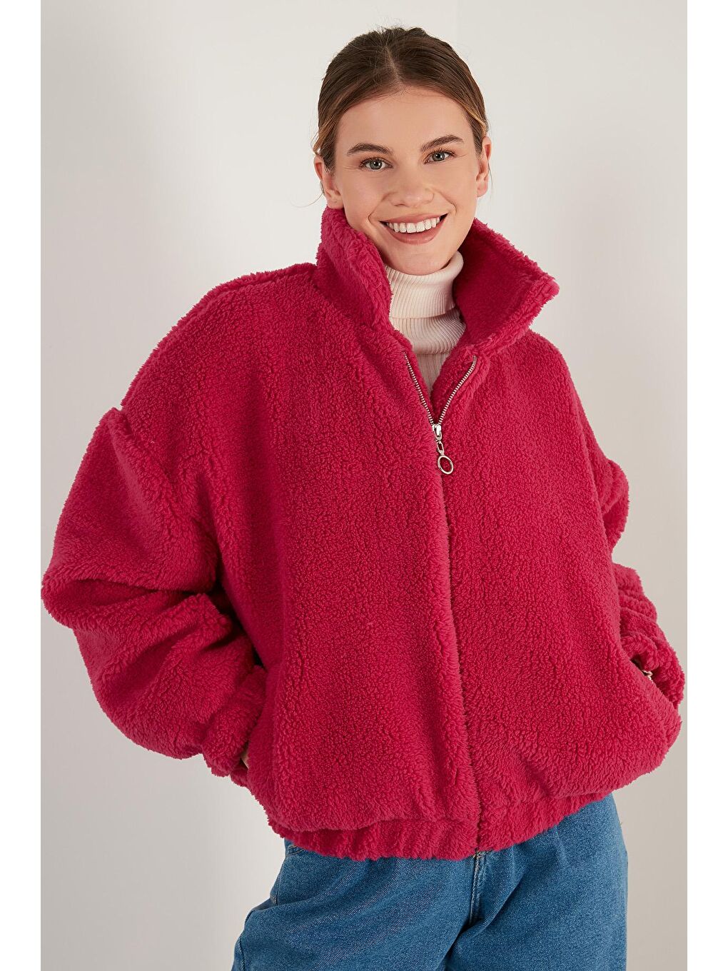 Fuşya Oversize Fermuarlı Yumuşak Tüylü Kürk Mont 42190017-3