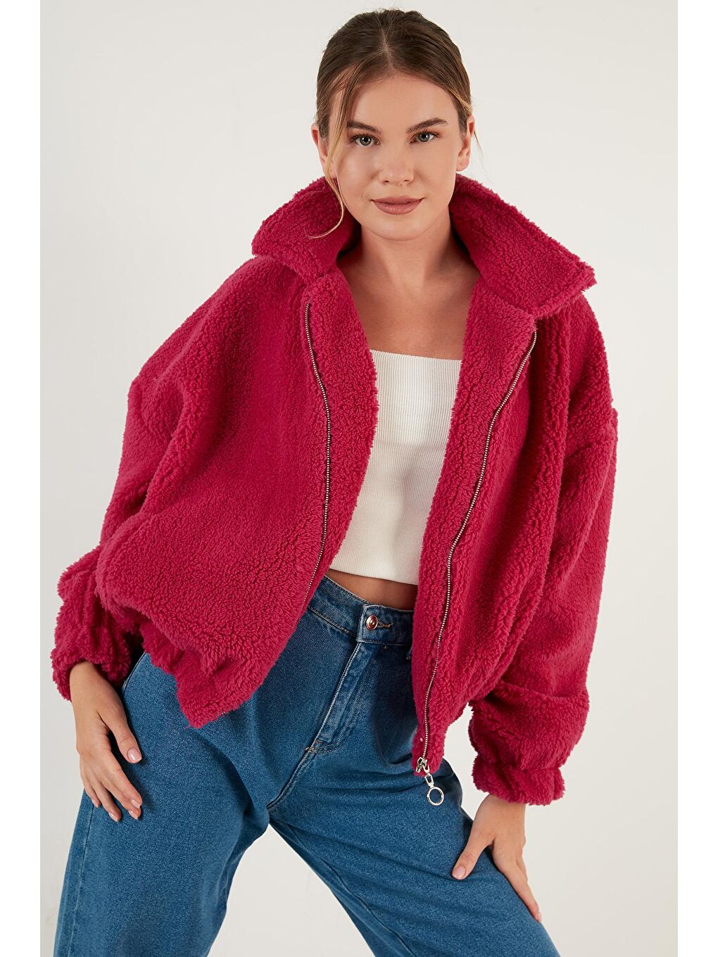 Fuşya Oversize Fermuarlı Yumuşak Tüylü Kürk Mont 42190017-4
