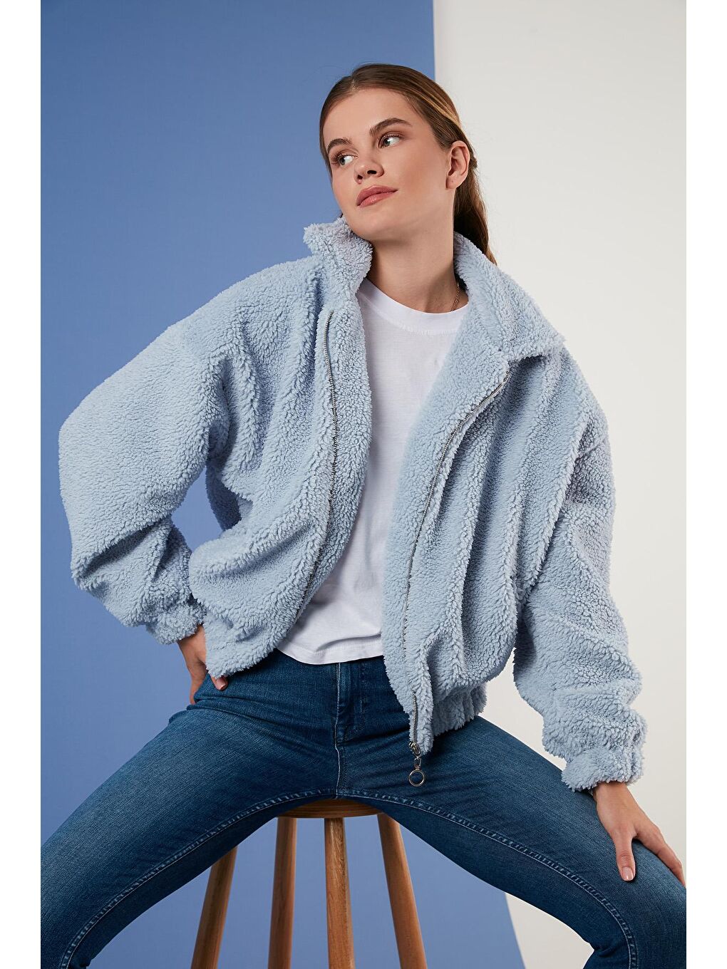 Mavi Oversize Fermuarlı Yumuşak Tüylü Kürk Mont 42190017