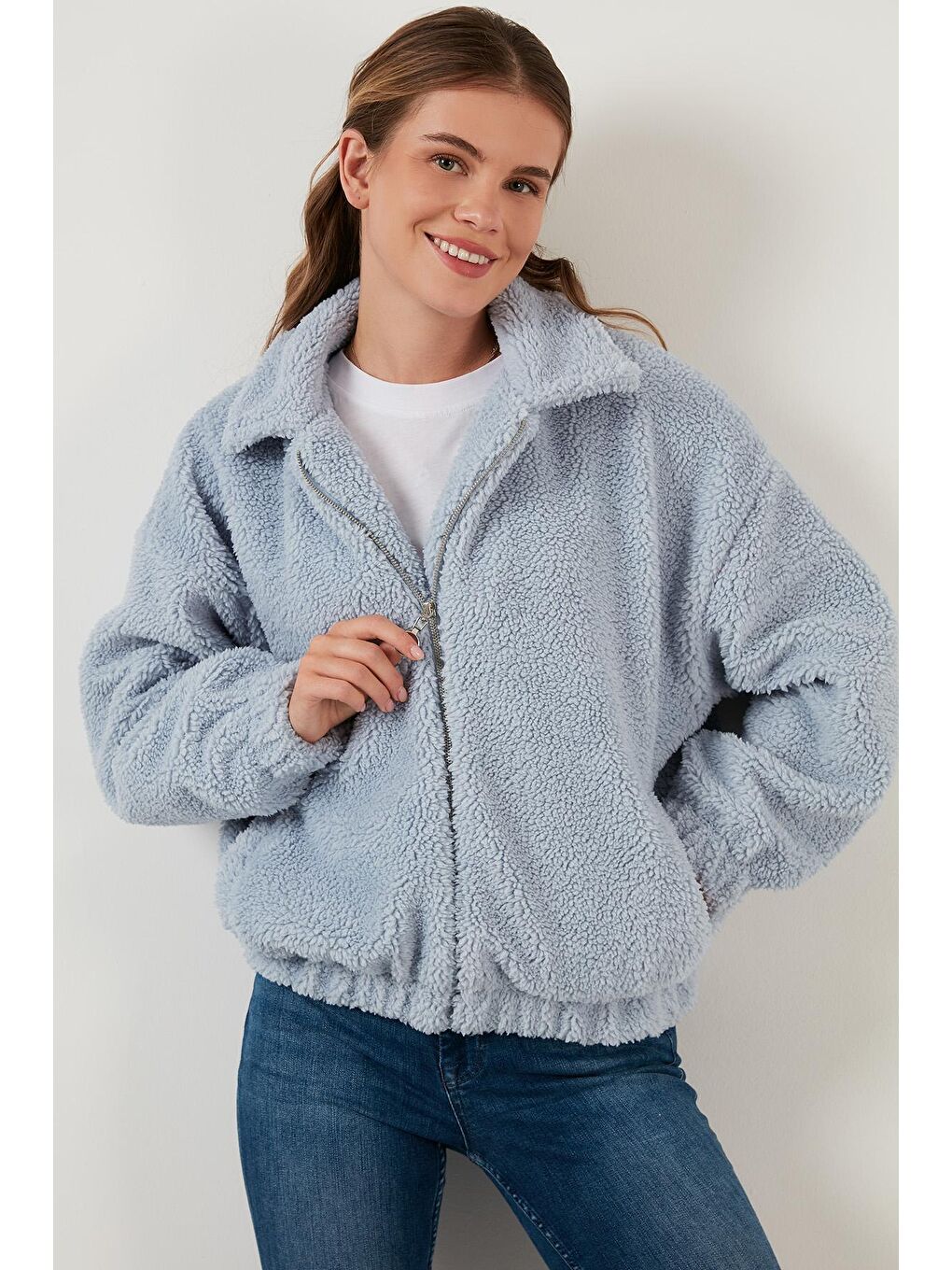 Mavi Oversize Fermuarlı Yumuşak Tüylü Kürk Mont 42190017-1