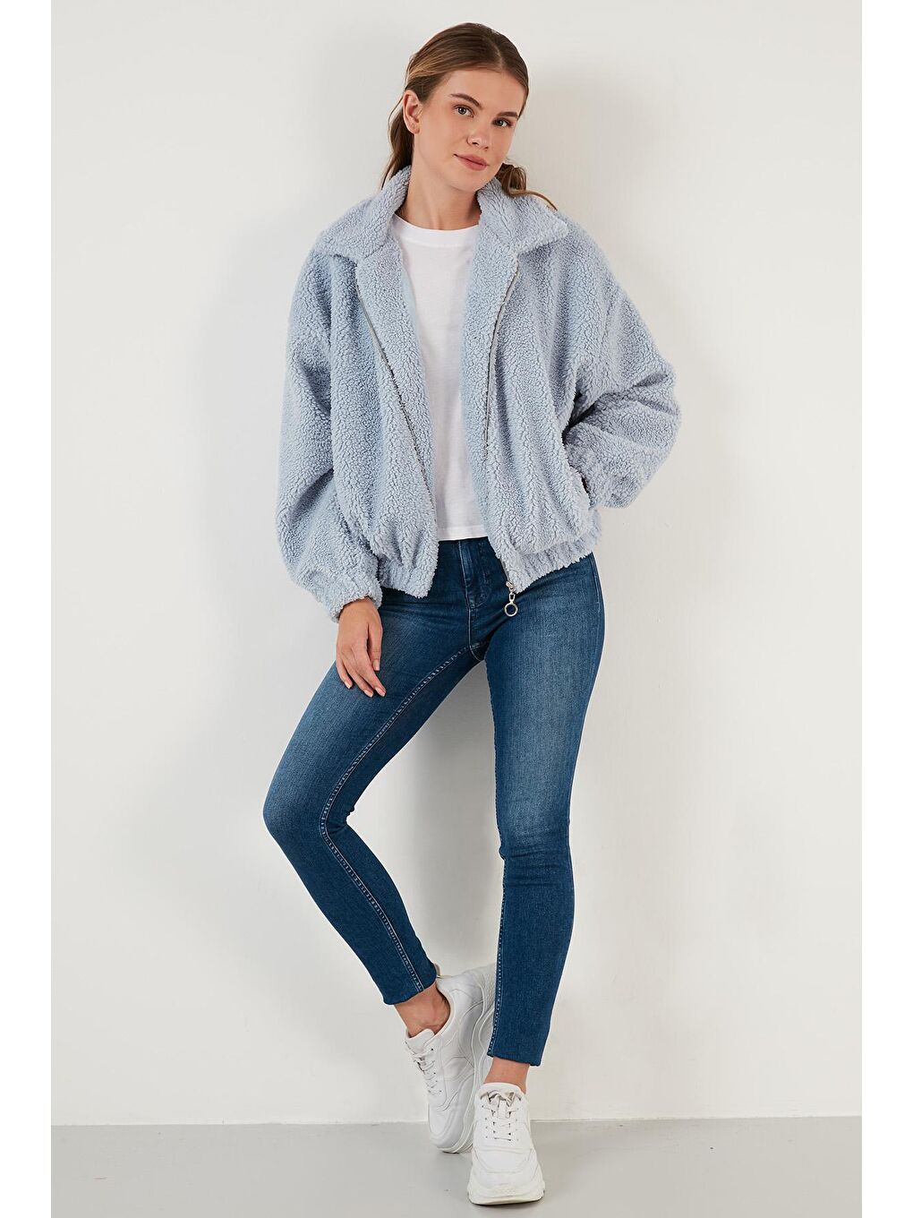 Mavi Oversize Fermuarlı Yumuşak Tüylü Kürk Mont 42190017-2