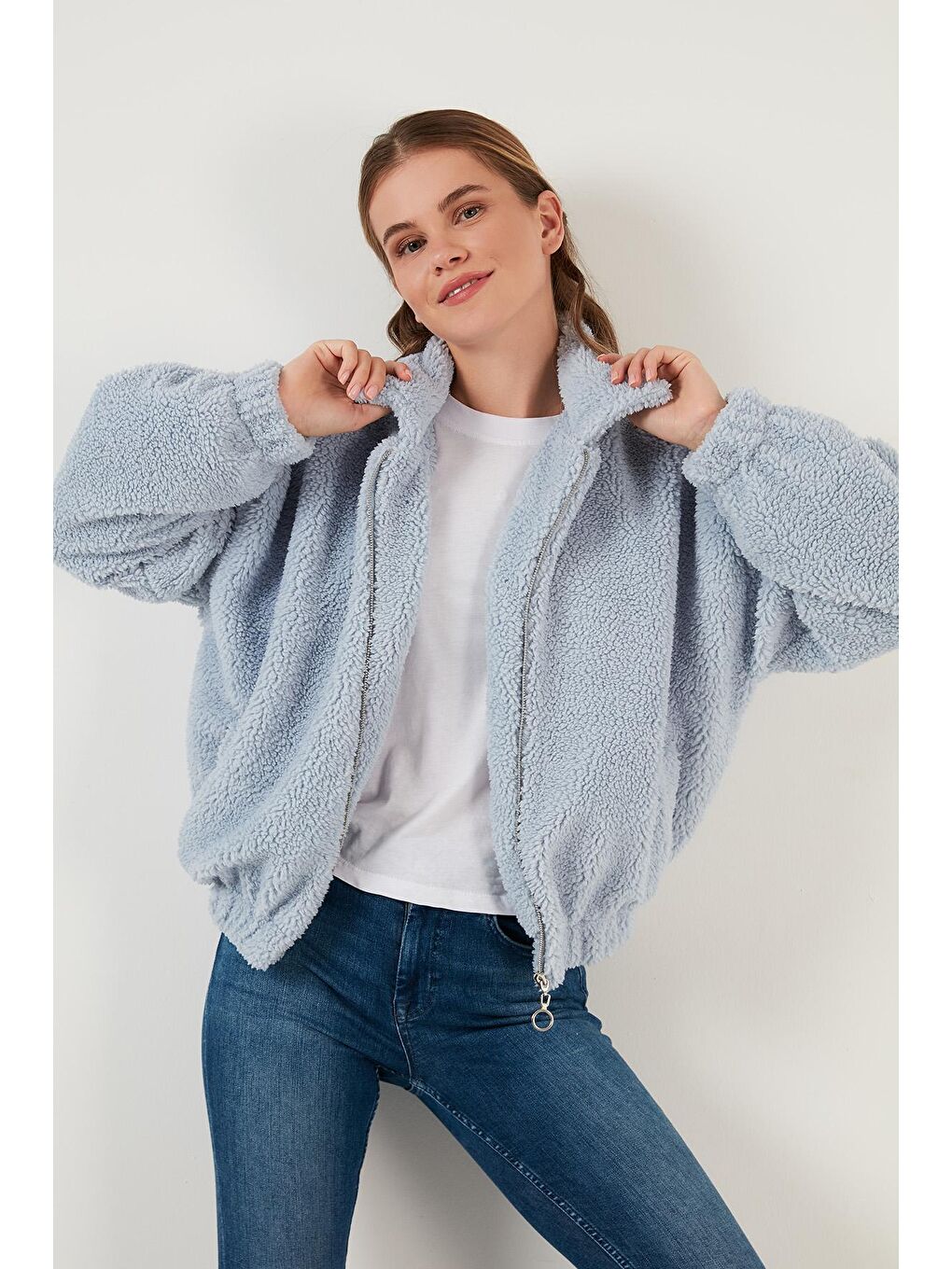 Mavi Oversize Fermuarlı Yumuşak Tüylü Kürk Mont 42190017-3