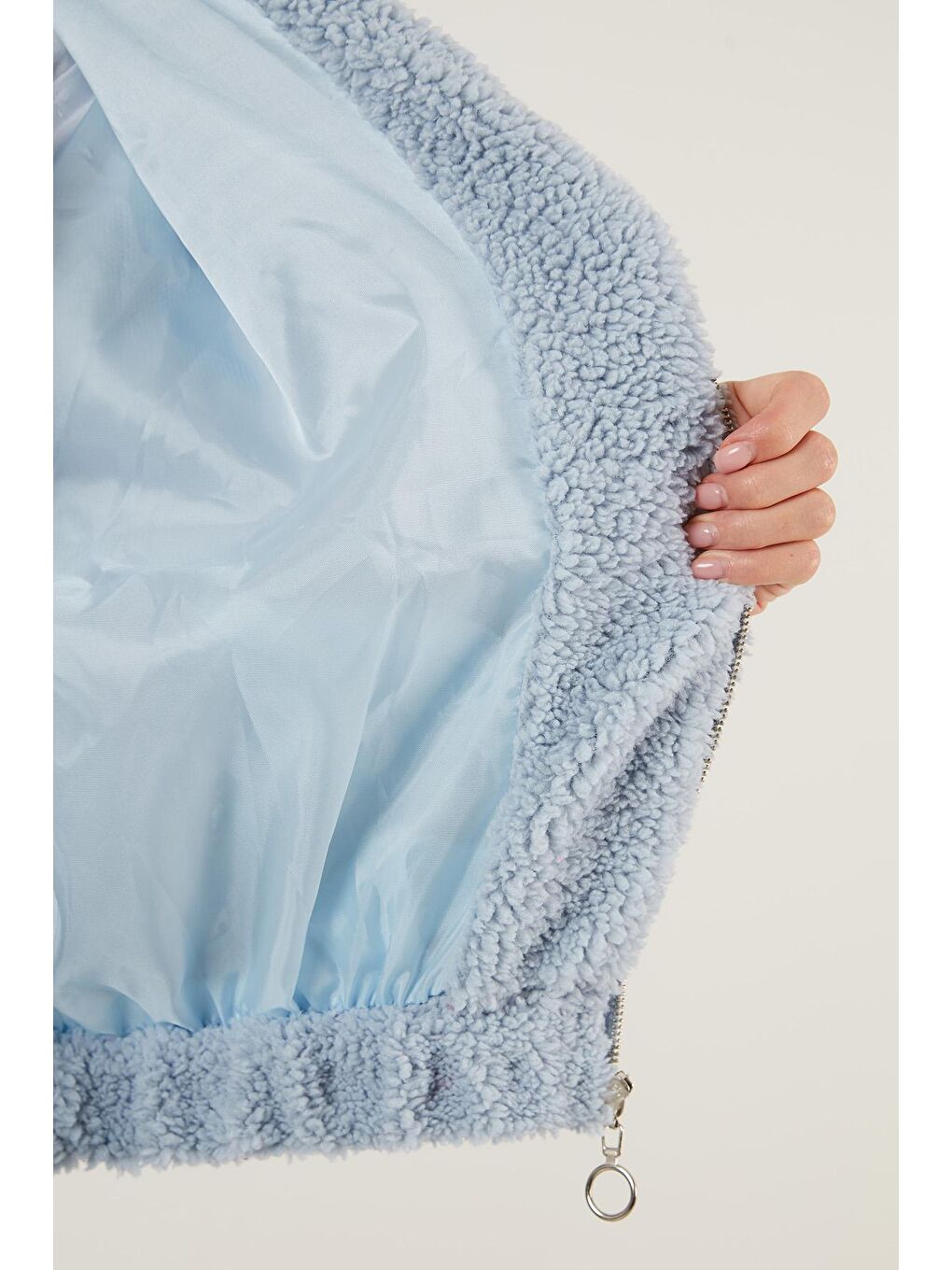 Mavi Oversize Fermuarlı Yumuşak Tüylü Kürk Mont 42190017-4
