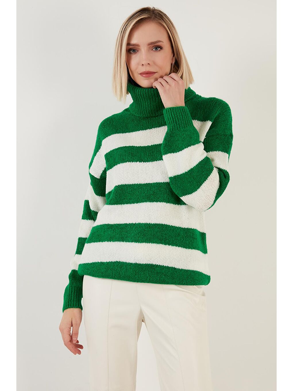 Yeşil Renk Bloklu Balıkçı Yaka Kalın Kışlık Kazak 4615017-3