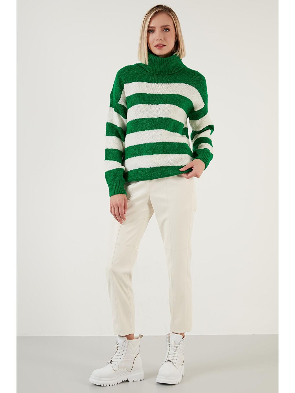 Yeşil Renk Bloklu Balıkçı Yaka Kalın Kışlık Kazak 4615017-4