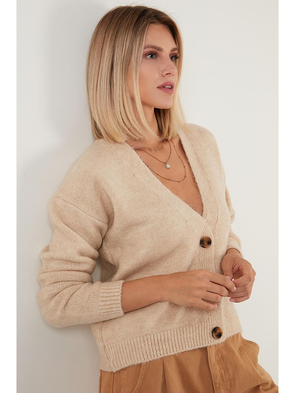 Gri Düğmeli V Yaka Örme Hırka 4615138