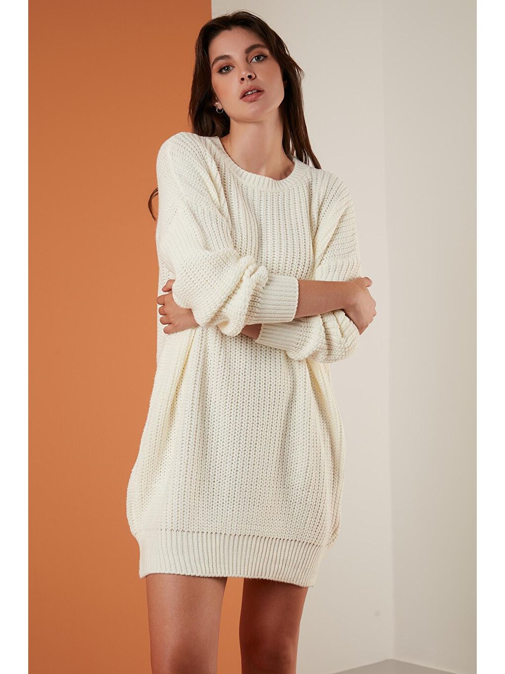 Ekru Bisiklet Yaka Örme Triko Tunik 4615147