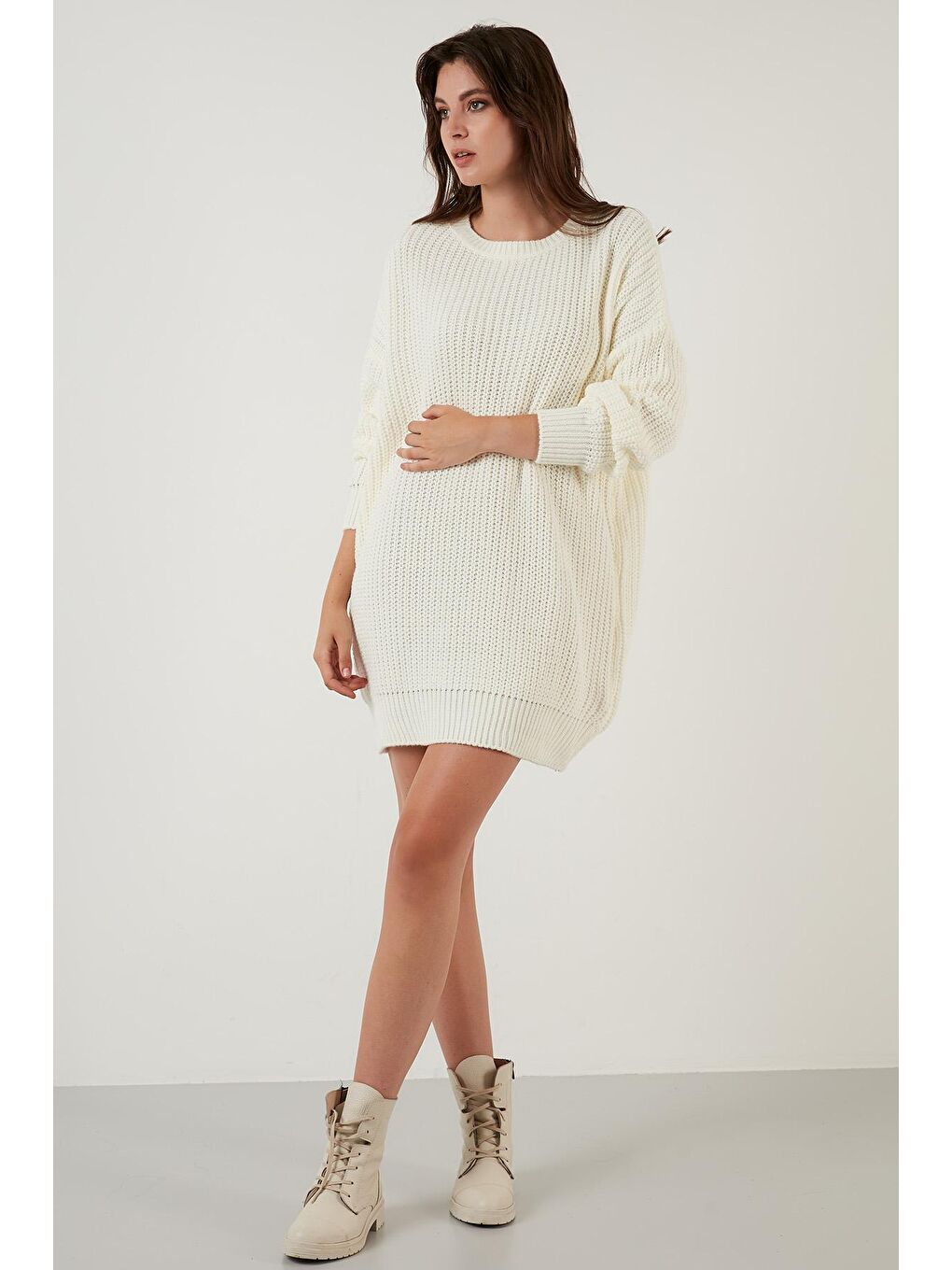 Ekru Bisiklet Yaka Örme Triko Tunik 4615147-2