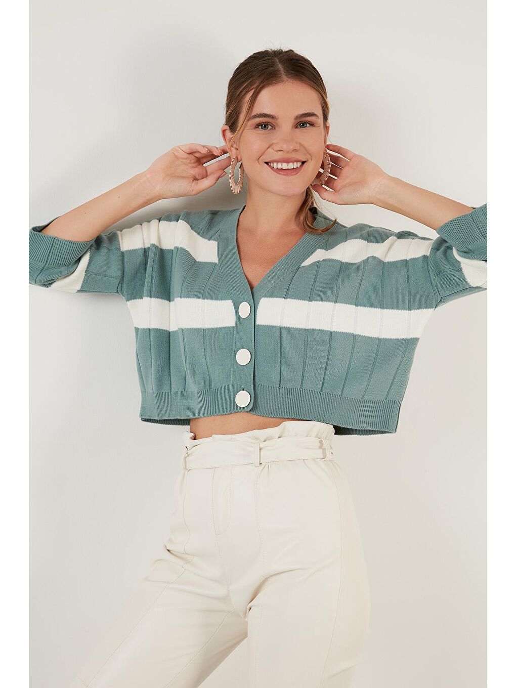 Yeşil Renk Bloklu V Yaka Triko Crop Hırka 4616092