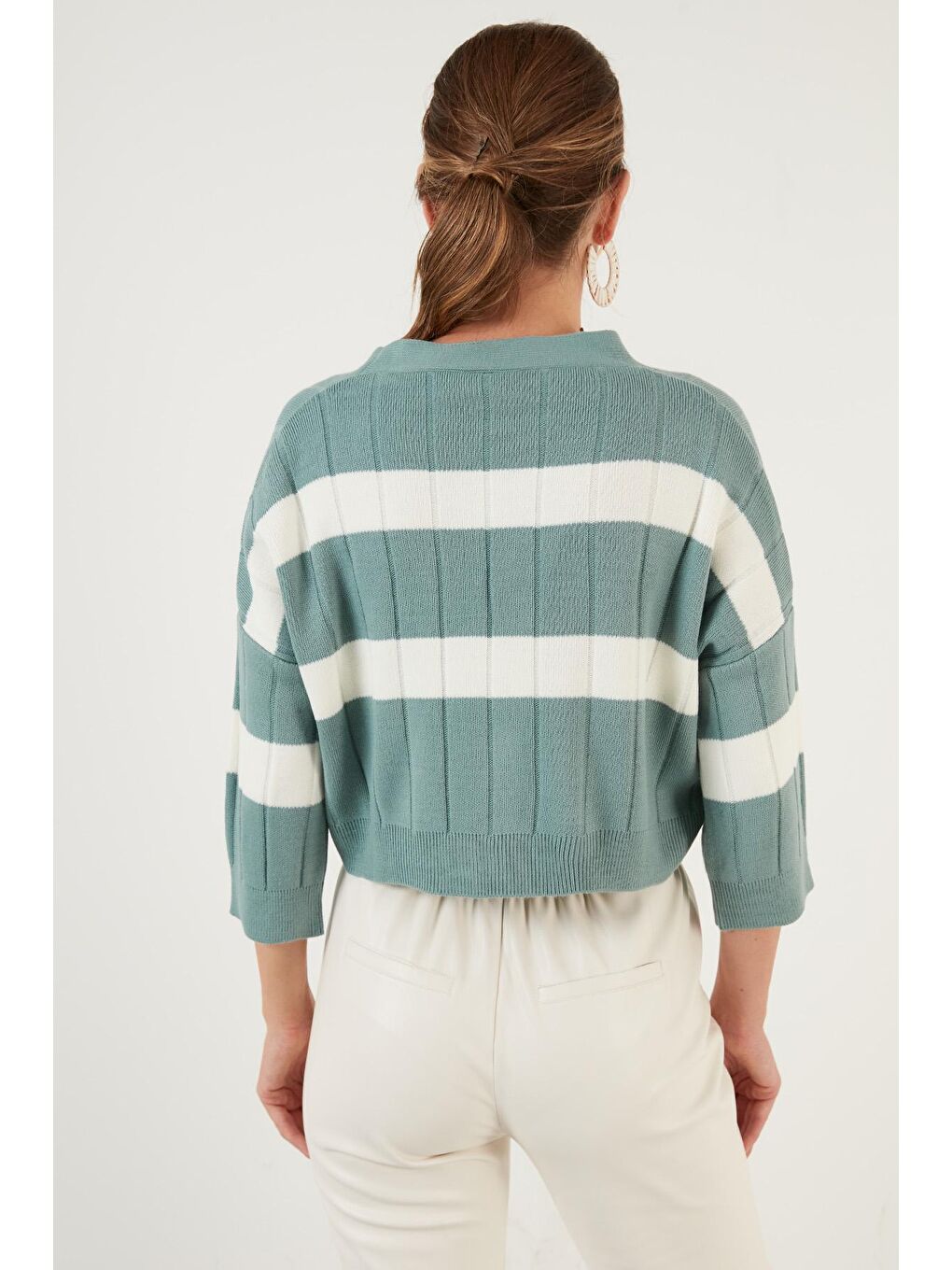 Yeşil Renk Bloklu V Yaka Triko Crop Hırka 4616092-4