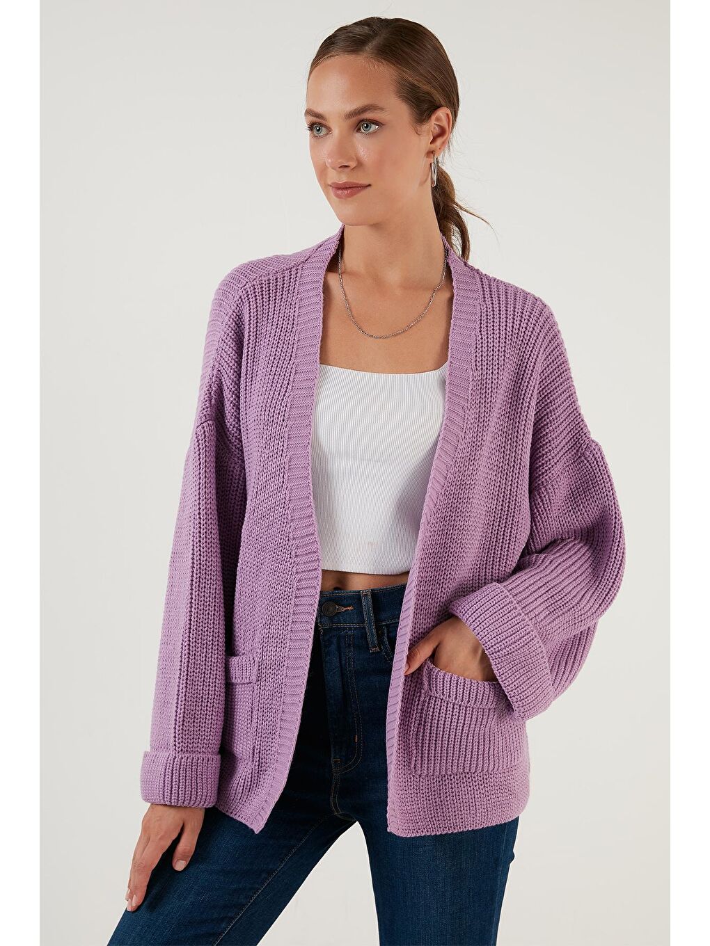 Lila Cepli Geniş Kollu Örme Hırka 4616103