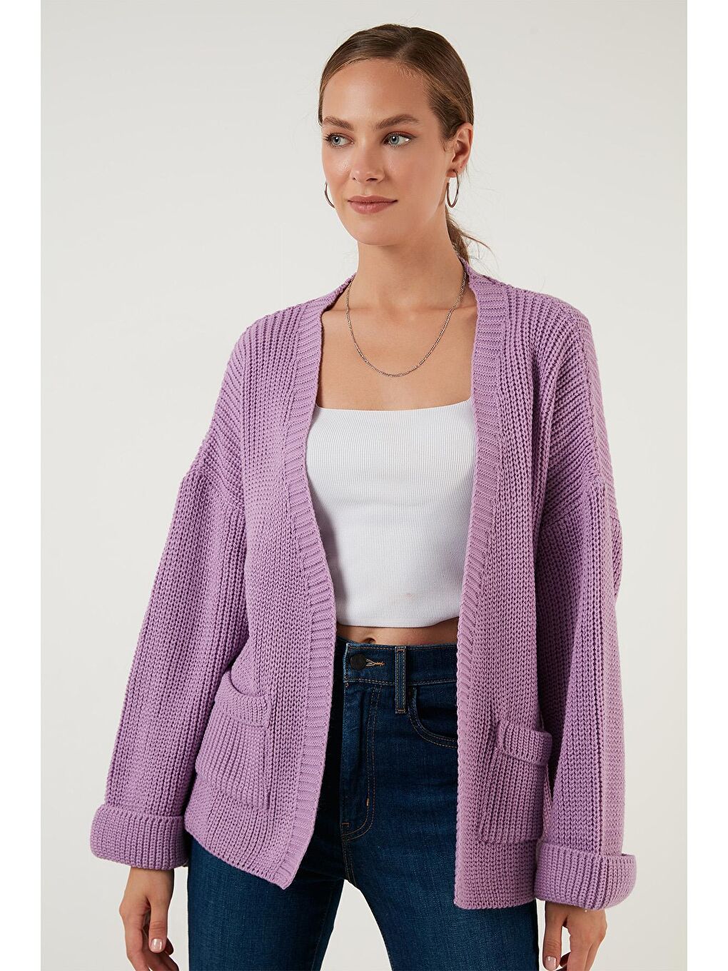 Lila Cepli Geniş Kollu Örme Hırka 4616103-1