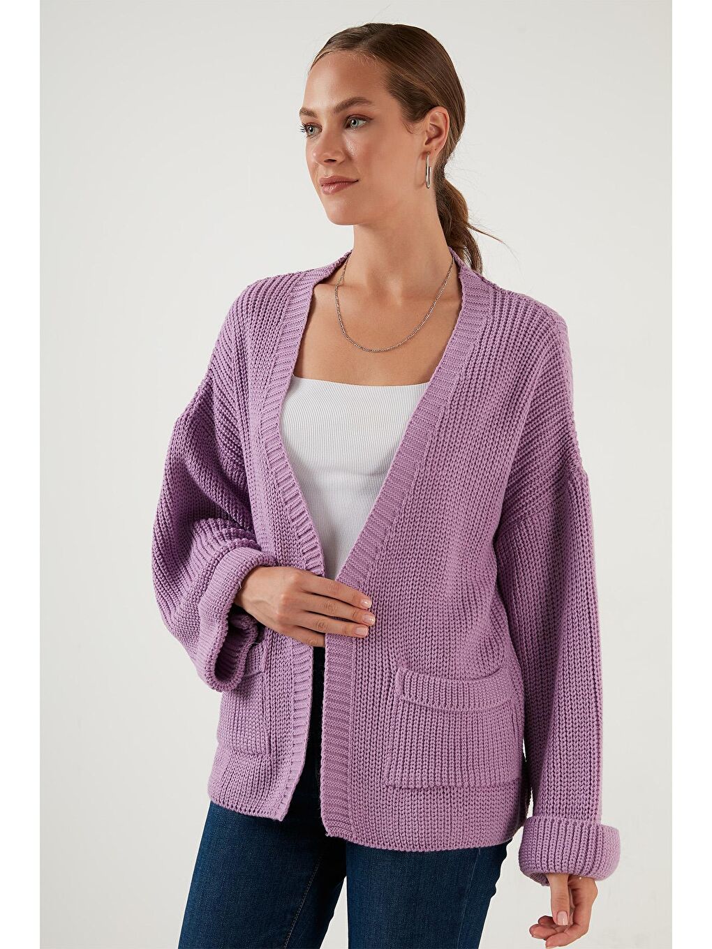 Lila Cepli Geniş Kollu Örme Hırka 4616103-2