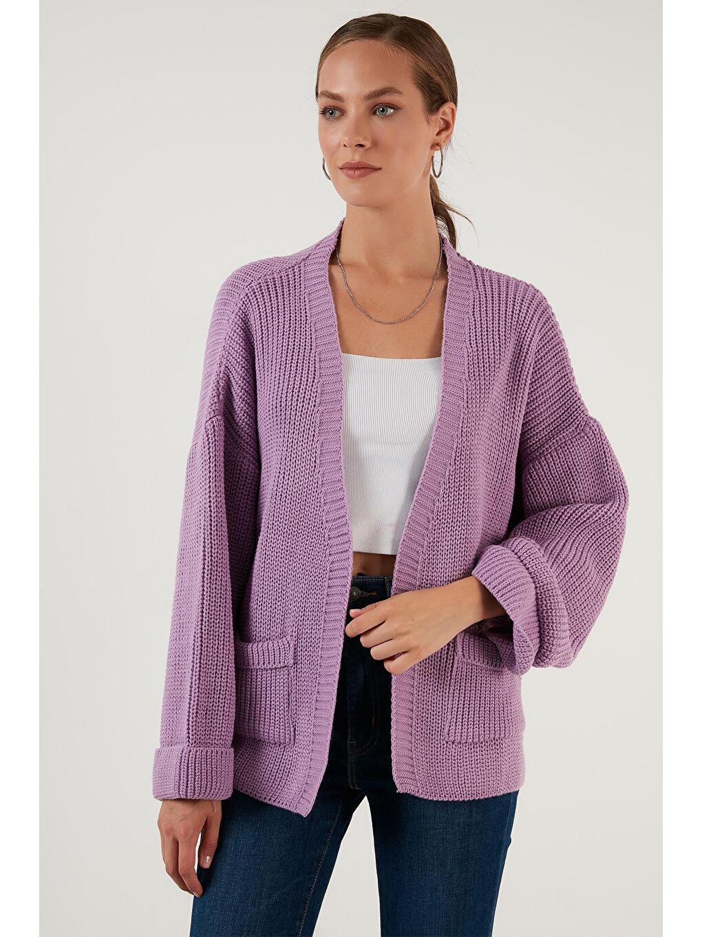 Lila Cepli Geniş Kollu Örme Hırka 4616103-3